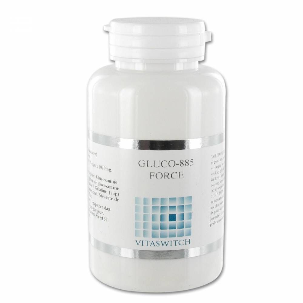 Flacone bianco con etichetta GLUCO-885 FORCE. Scritta VITASWITCH. Fascia argentata. Coperchio bianco.