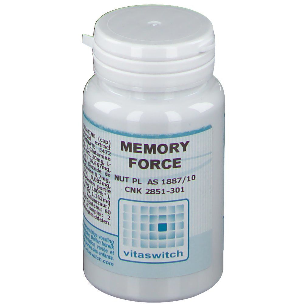Flacone bianco con etichetta "Memory Force". Contiene capsule. Logo Vitaswitch in basso.