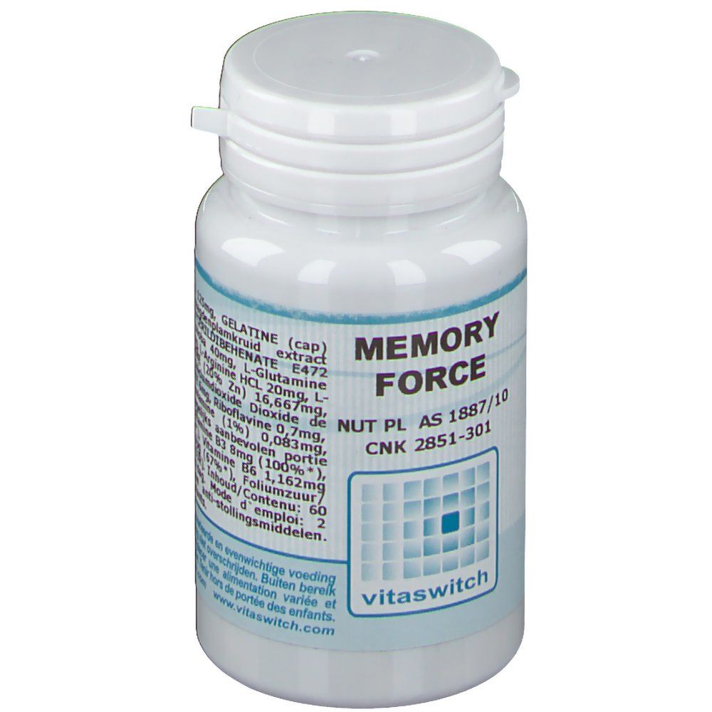 Flacone bianco con etichetta "Memory Force". Contiene capsule. Logo Vitaswitch in basso.
