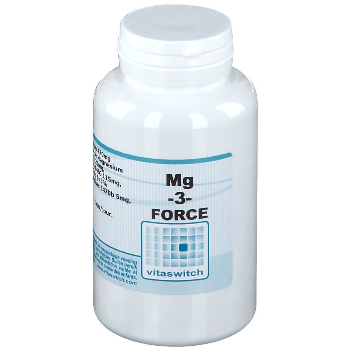 Flacone bianco con etichetta blu. Scritta: Mg -3- FORCE. Marchio: vitaswitch. Contiene compresse.