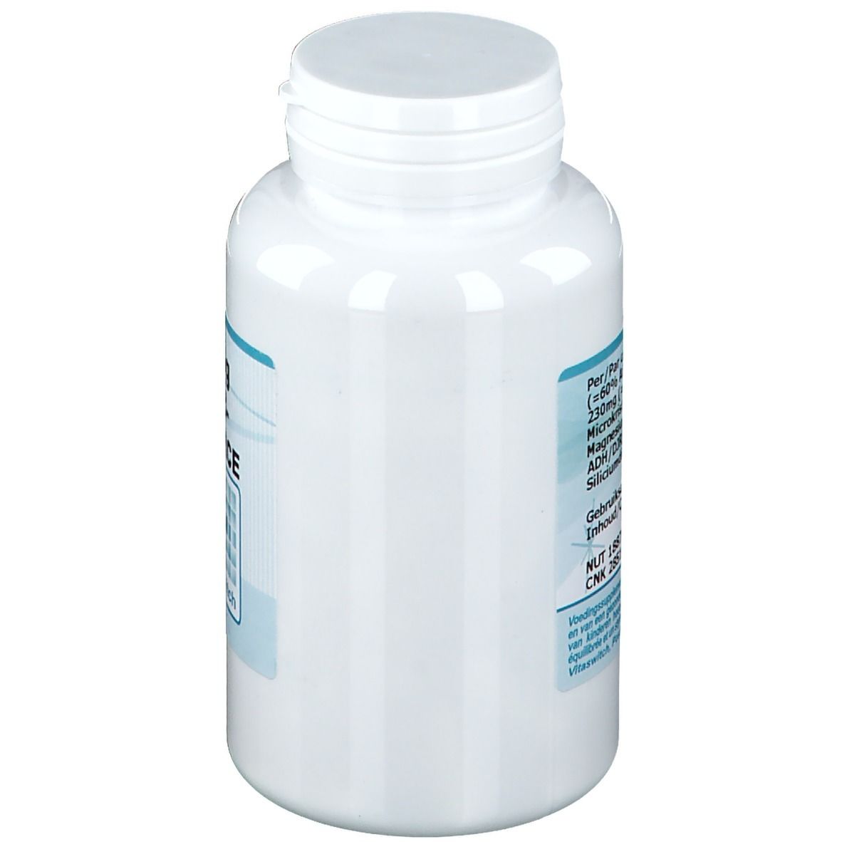 Flacone bianco con etichetta blu. Contiene informazioni sugli ingredienti e sui valori nutrizionali.