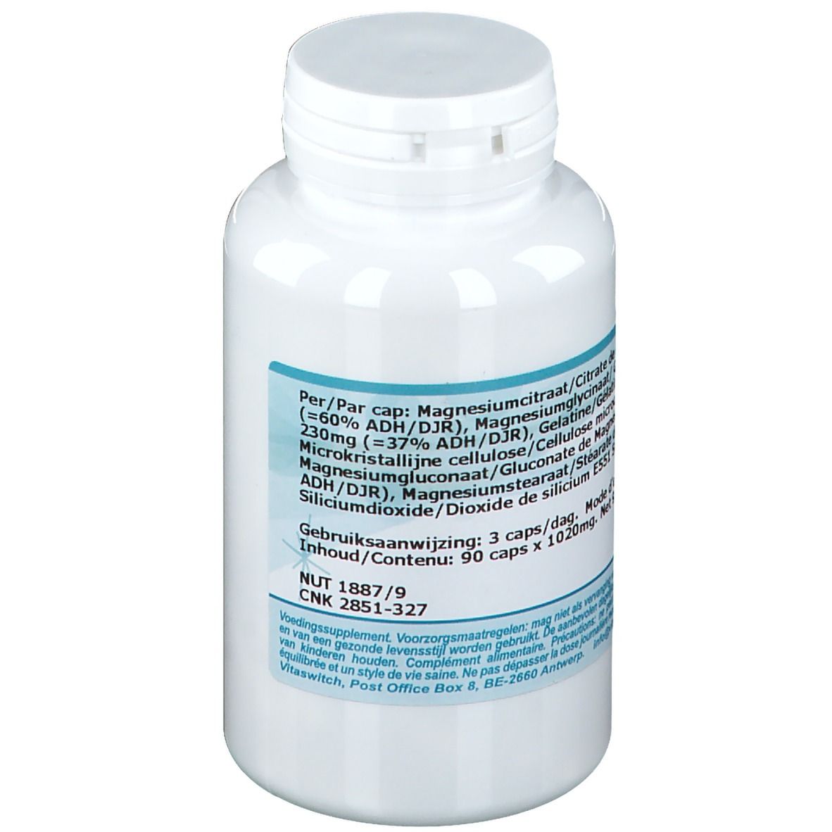 Flacone bianco con etichetta blu. Contiene informazioni sugli ingredienti e il dosaggio. 90 capsule.