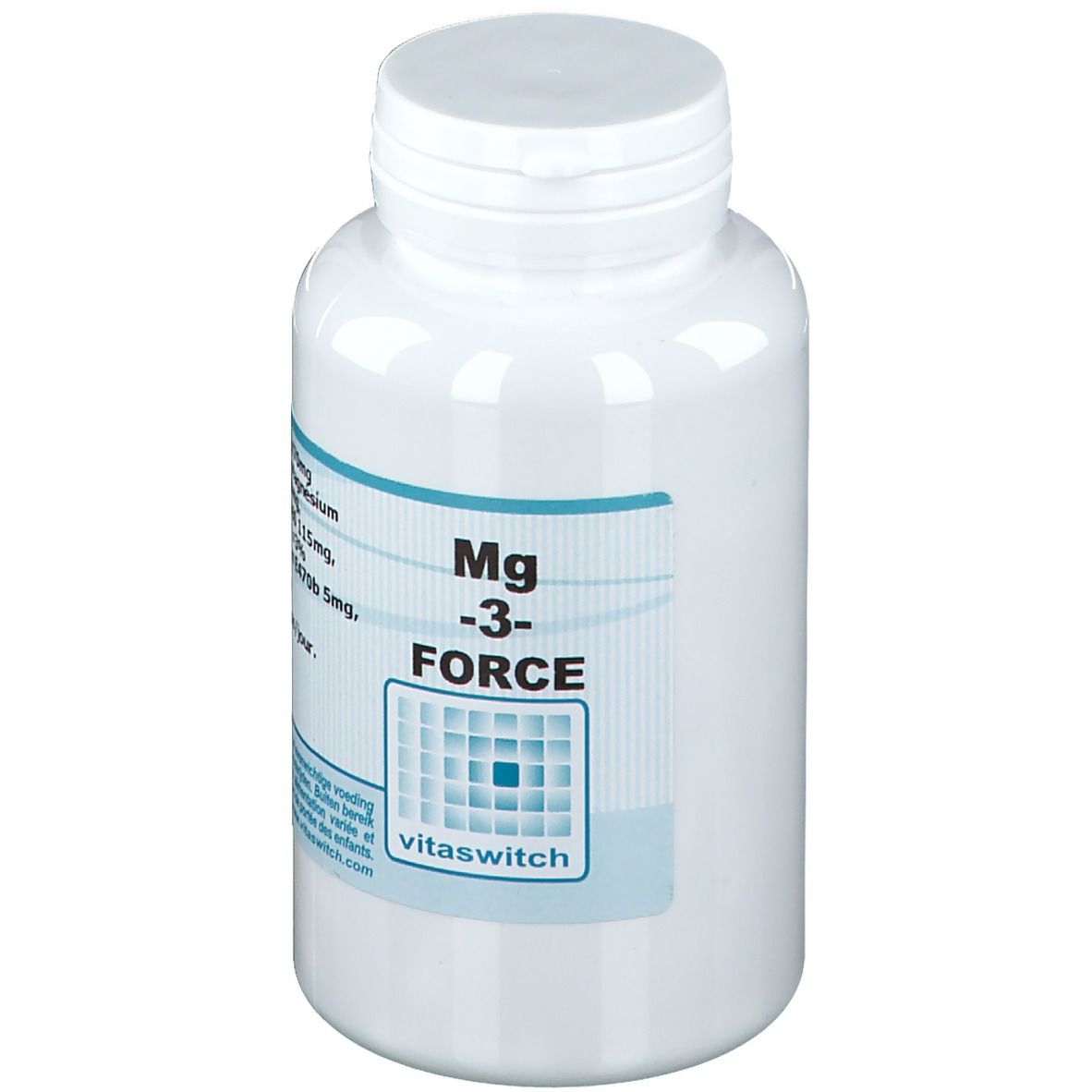 Flacone bianco con etichetta blu. Scritta: Mg -3- FORCE. Marchio: vitaswitch. Contiene compresse.