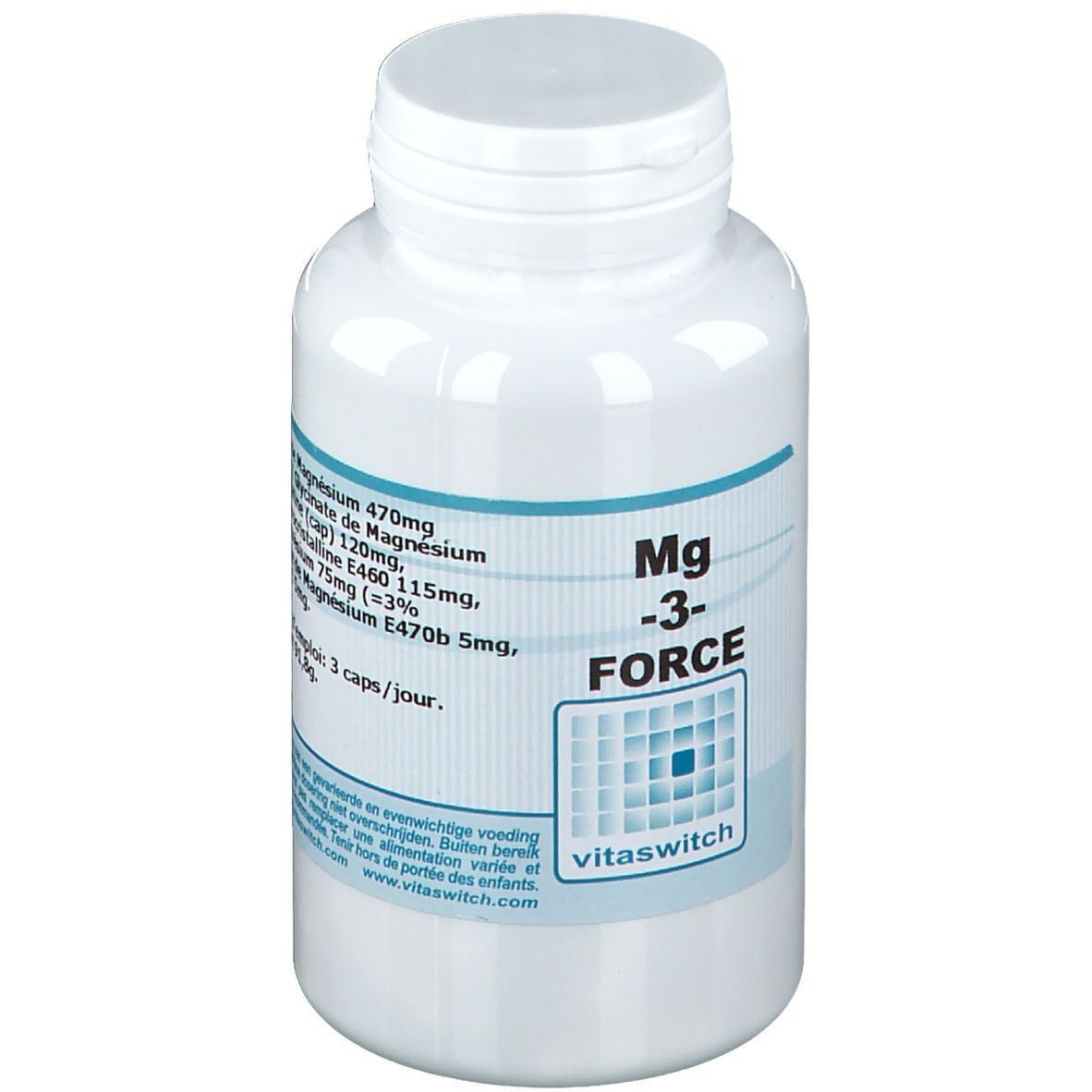 Flacone bianco con etichetta blu. Scritta: Mg -3- FORCE. Contiene informazioni sugli ingredienti e il dosaggio.