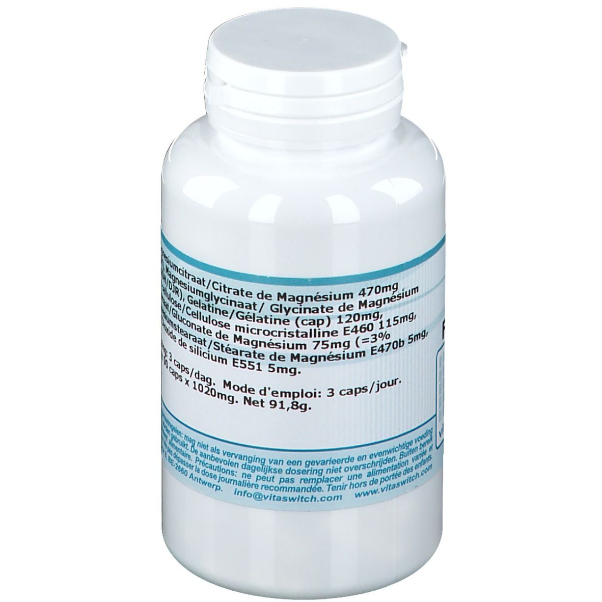 Flacone bianco con etichetta blu. Contiene informazioni sugli ingredienti e il dosaggio. 90 capsule.