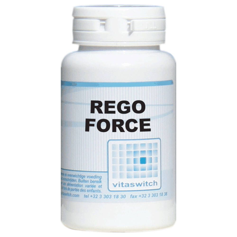 Flacone bianco con scritta "REGO FORCE". Logo e scritta "vitaswitch" sottostanti.