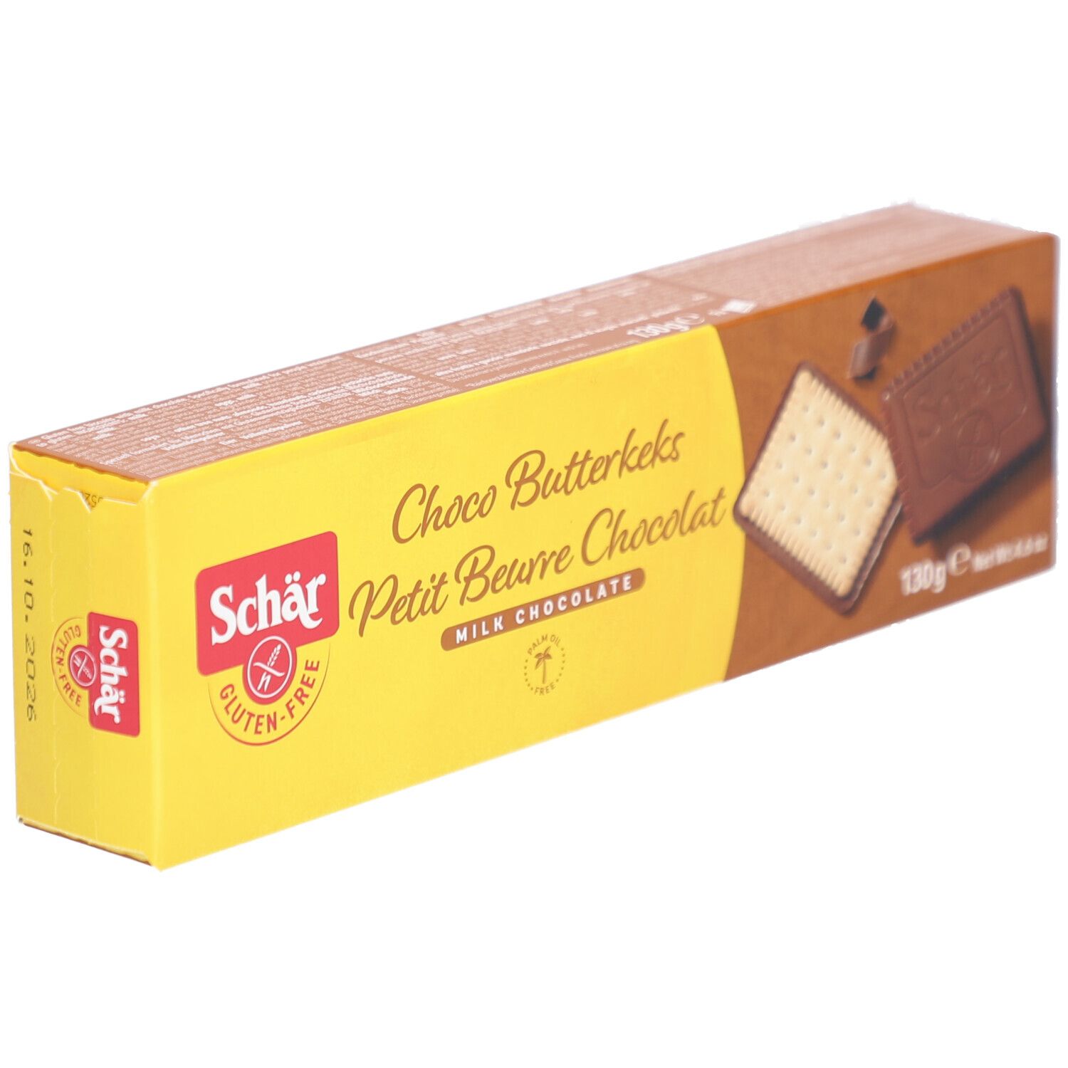 Scatola di Schär Choco Butterkeks senza glutine. Confezione gialla e marrone. Scritte: Choco Butterkeks, Petit Beurre Chocolat, 130g.