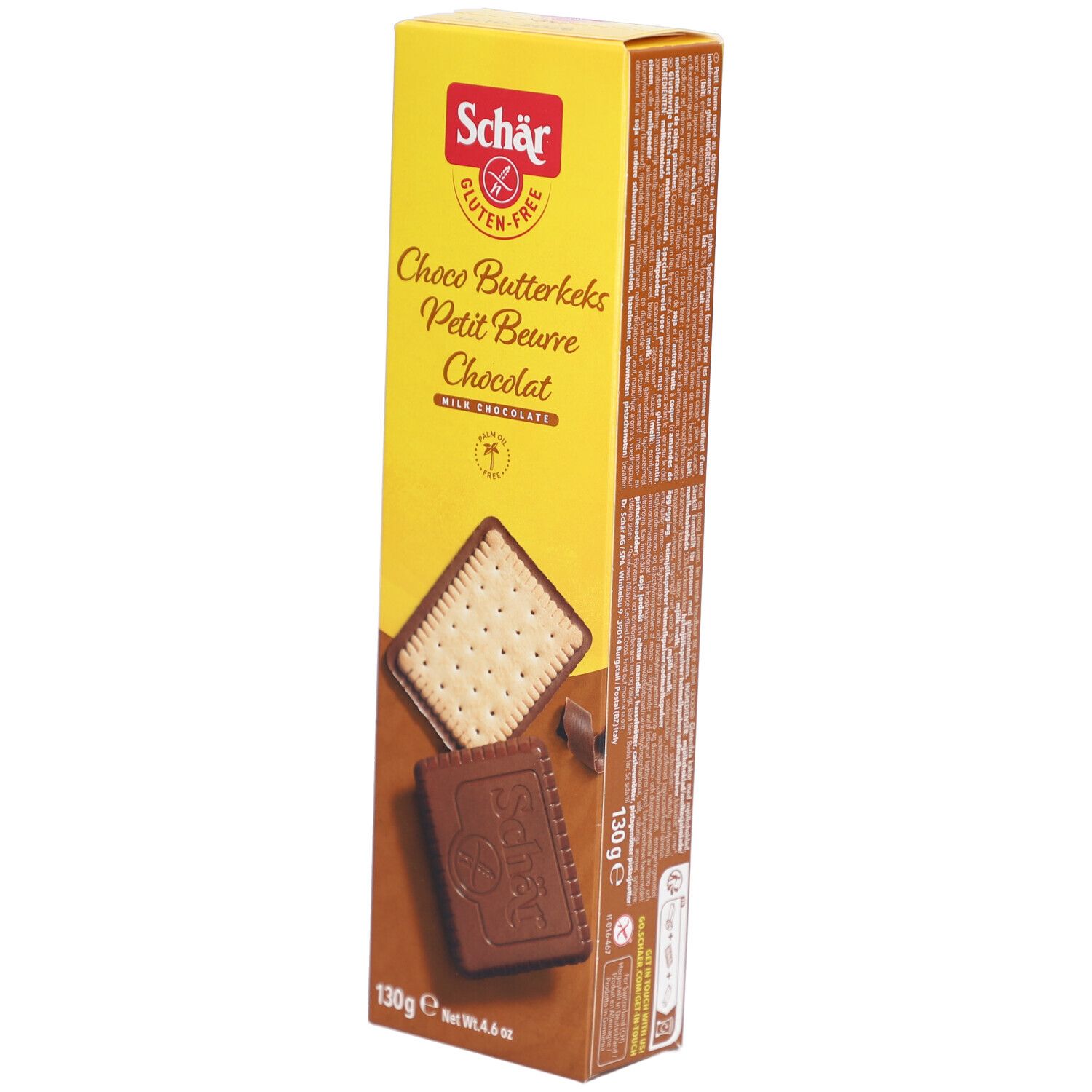 Scatola di Schär Choco Butterkeks senza glutine. Confezione gialla e marrone. Scritte: Choco Butterkeks, Petit Beurre Chocolat, 130g.