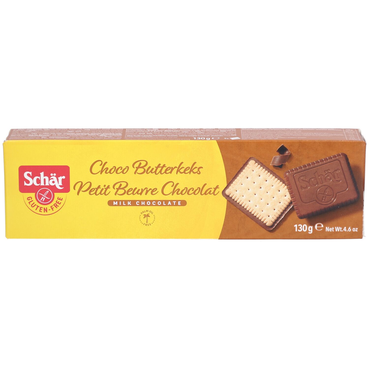 Scatola di Schär Choco Butterkeks senza glutine. Confezione gialla e marrone. Scritte: Choco Butterkeks, Petit Beurre Chocolat, 130g.