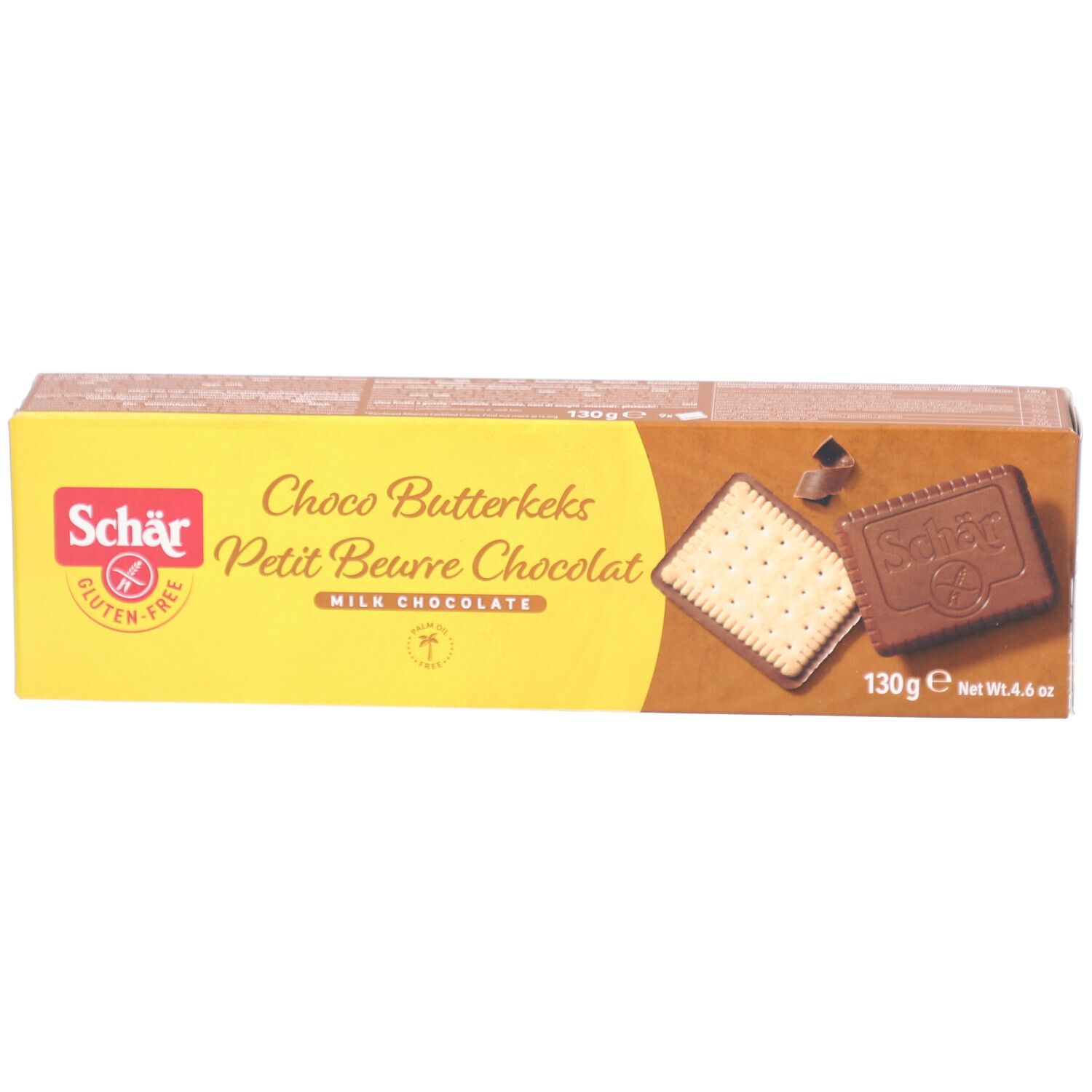 Scatola di Schär Choco Butterkeks senza glutine. Confezione gialla e marrone. Scritte: Choco Butterkeks, Petit Beurre Chocolat, 130g.