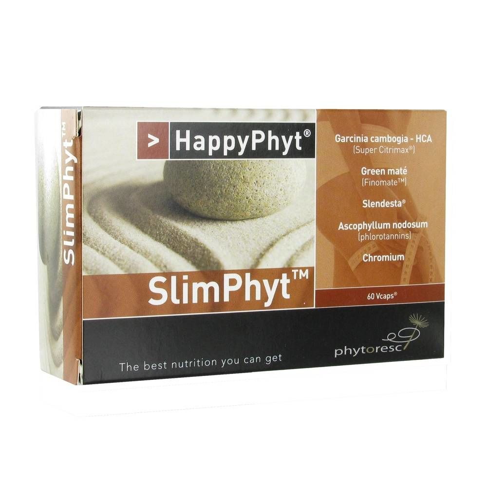 Confezione di HappyPhyt SlimPhyt. Contiene informazioni sugli ingredienti, tra cui Garcinia cambogia e cromo. 60 capsule.