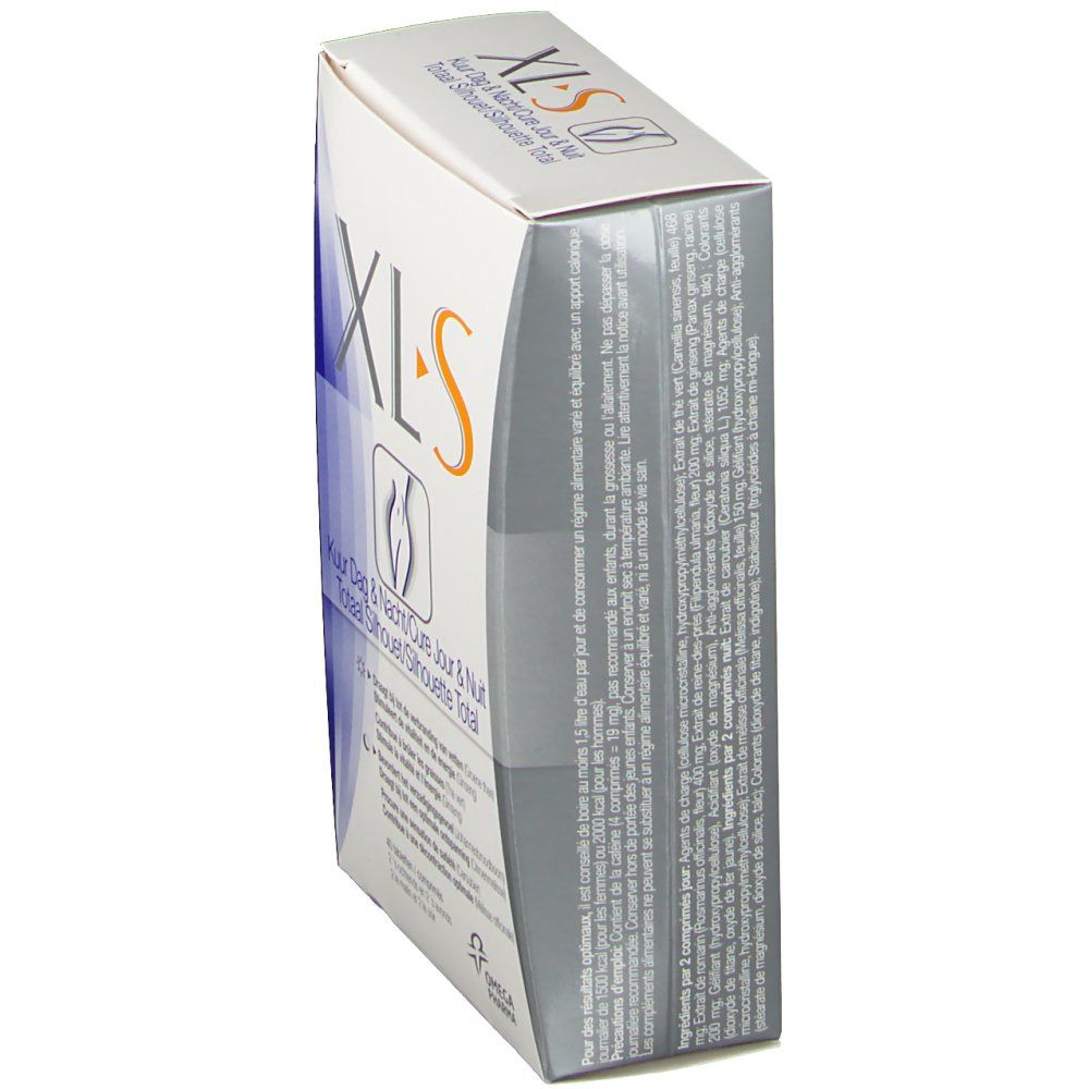 Scatola XLS con logo e testo. Contiene compresse. Vista laterale.