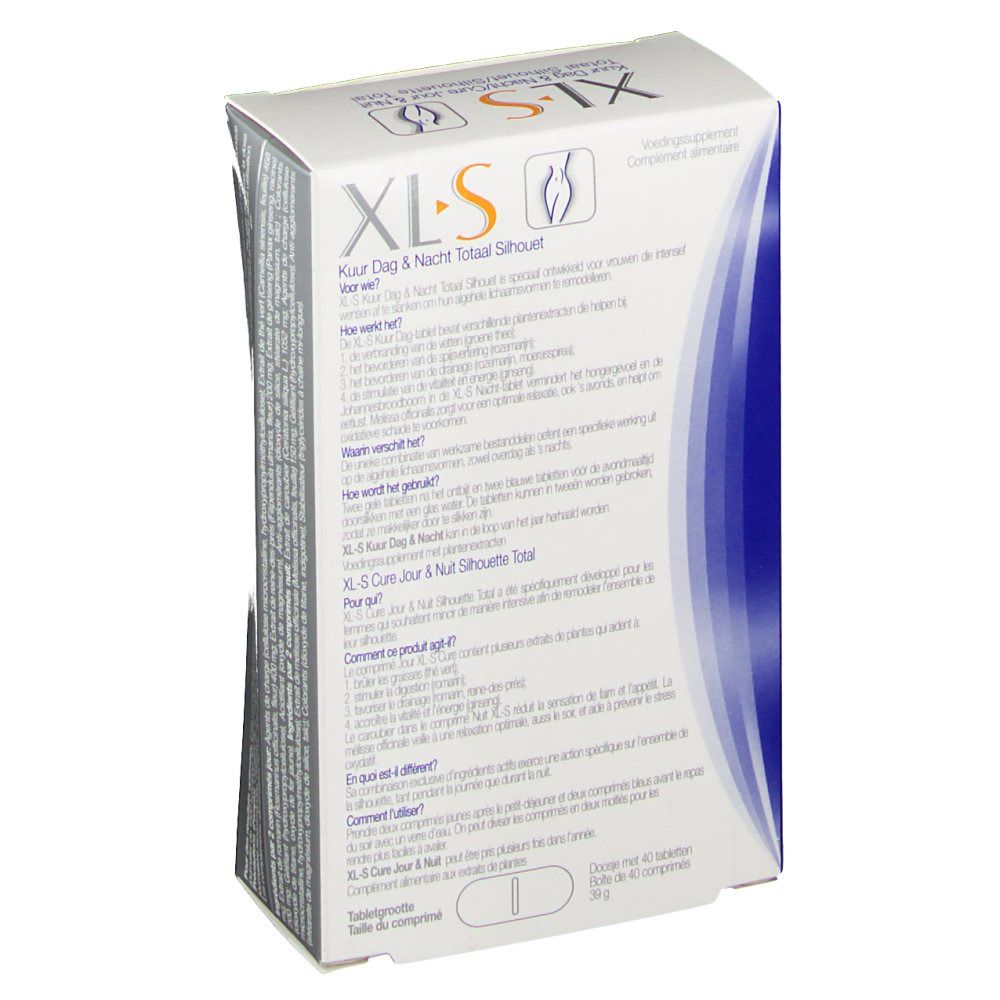 Scatola XLS, retro con testo. Contiene compresse. Vista dettagliata.