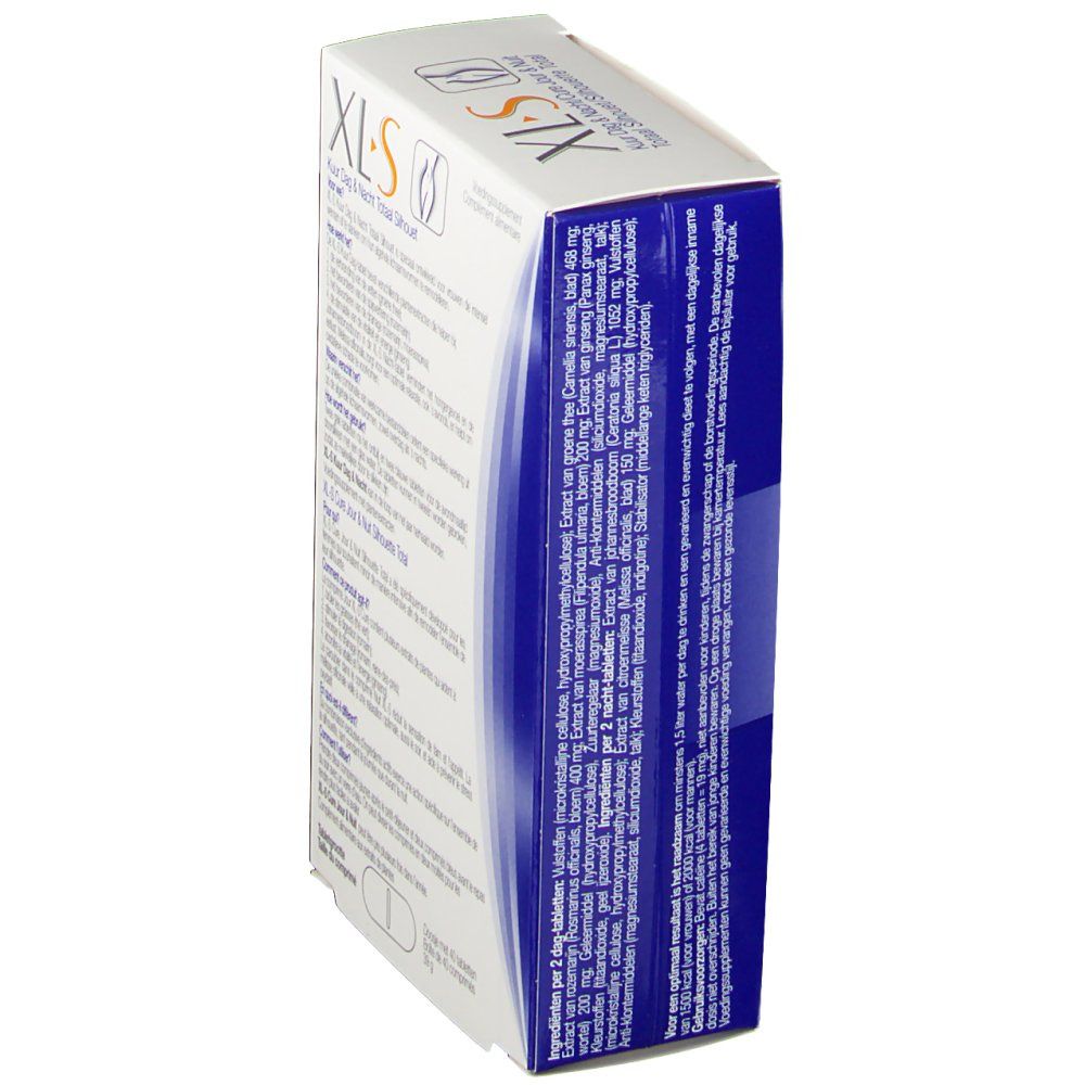 Scatola XLS, lato con testo. Contiene compresse. Vista dettagliata.