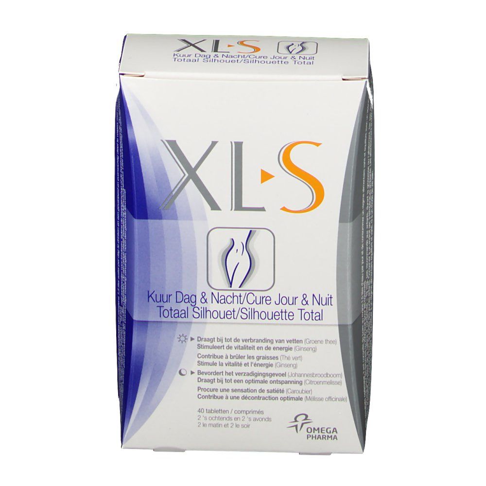 Scatola XLS con logo e testo. Contiene compresse. Vista frontale.