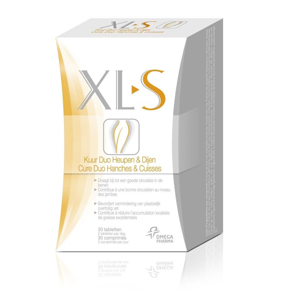 Confezione XL-S Duo. Scritta: Kuur Duo Heupen & Dijen, Cure Duo Hanches & Cuisses. Logo Omega Pharma.