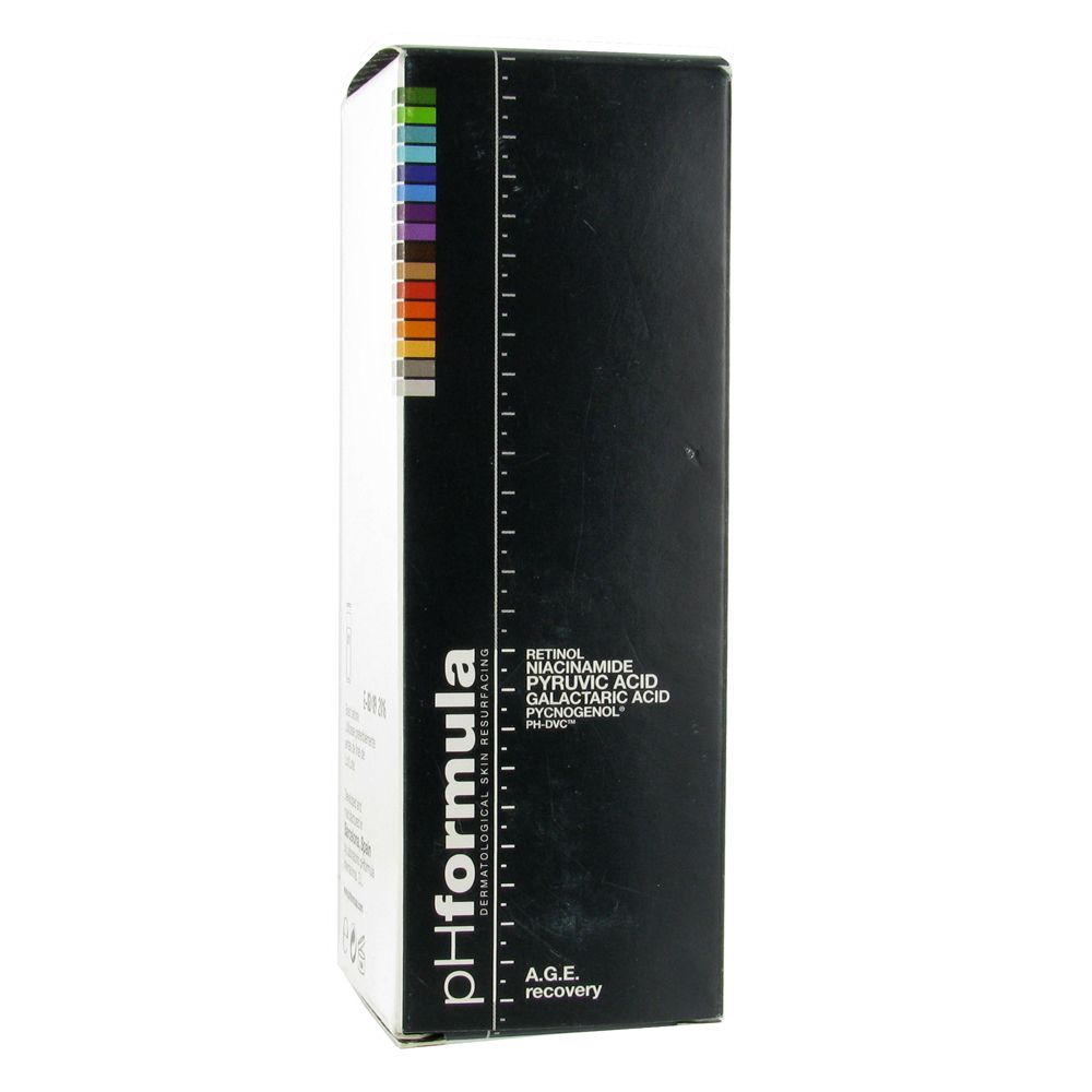 Confezione nera con logo pHformula e elenco ingredienti. Strisce colorate e scala laterale. A.G.E. recovery.