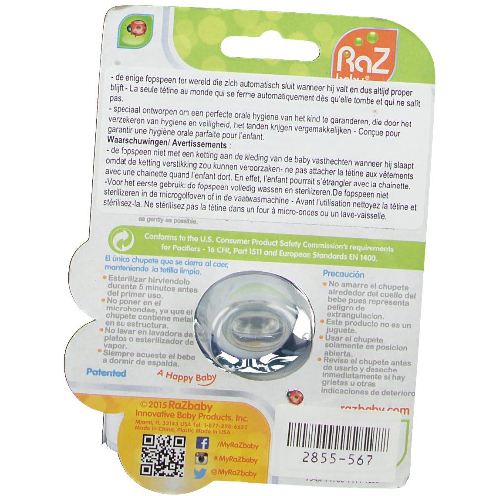 Retro della confezione blister con testo e succhietto pinguino. Contiene informazioni su sicurezza e utilizzo. Marchio Raz Baby.