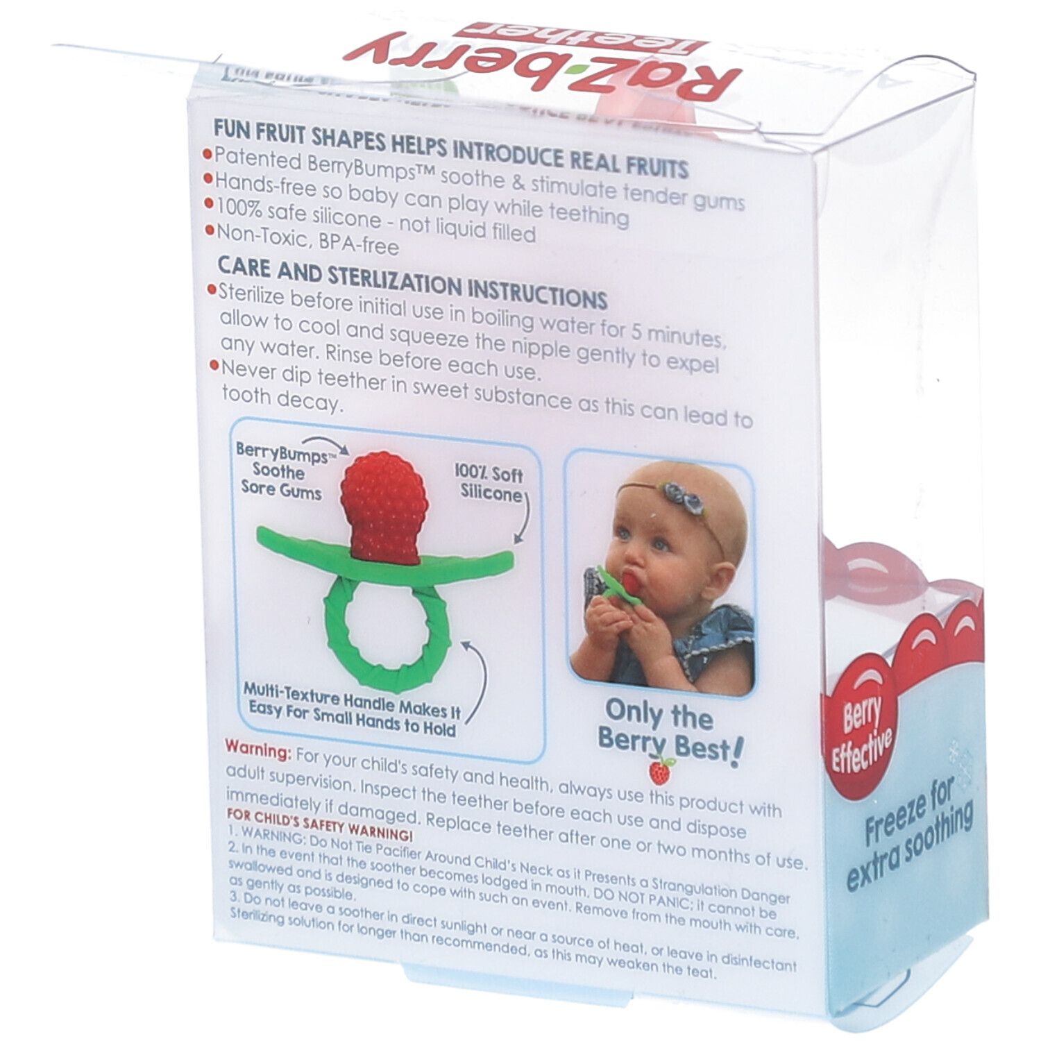 Confezione con anello per la dentizione. L'anello è rosa, a forma di lampone. Testo: Raz-berry Teether. Senza BPA.