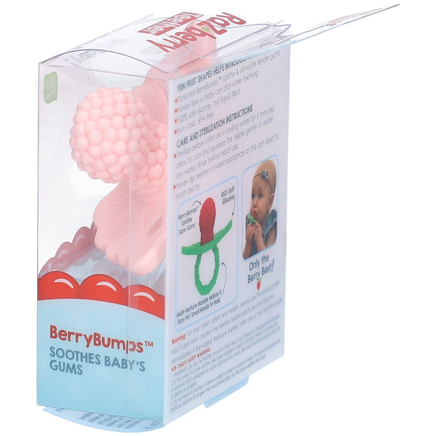 Confezione con anello per la dentizione. L'anello è rosa, a forma di lampone. Testo: Raz-berry Teether. Senza BPA.