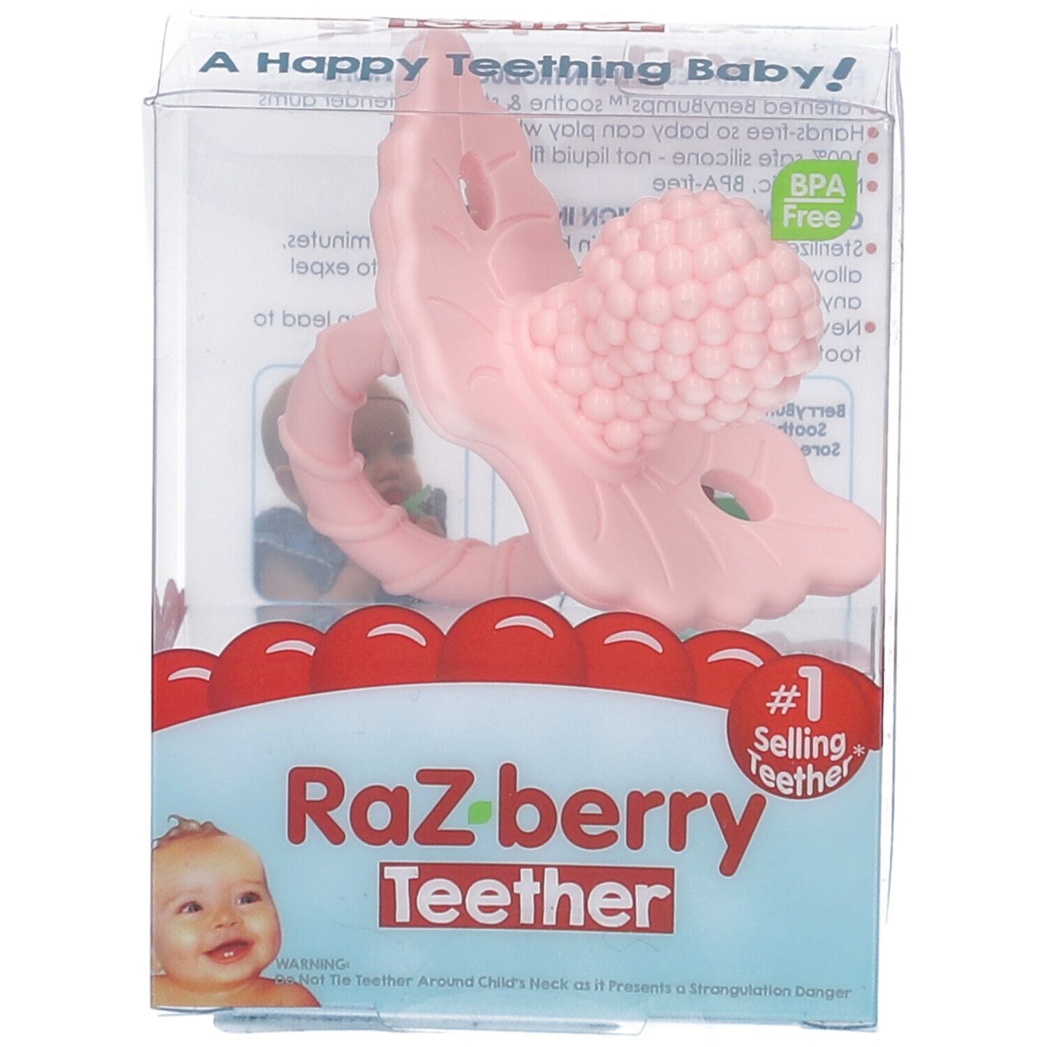 Anello per la dentizione rosa in confezione trasparente. A forma di fiore con nodi. Senza BPA. Scritta: Raz-berry Teether.
