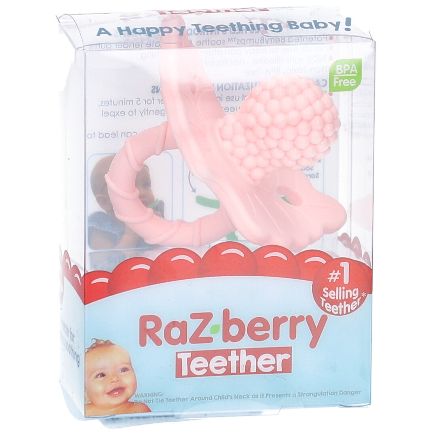 Anello per la dentizione rosa in confezione trasparente. A forma di fiore con nodi. Senza BPA. Scritta: Raz-berry Teether.