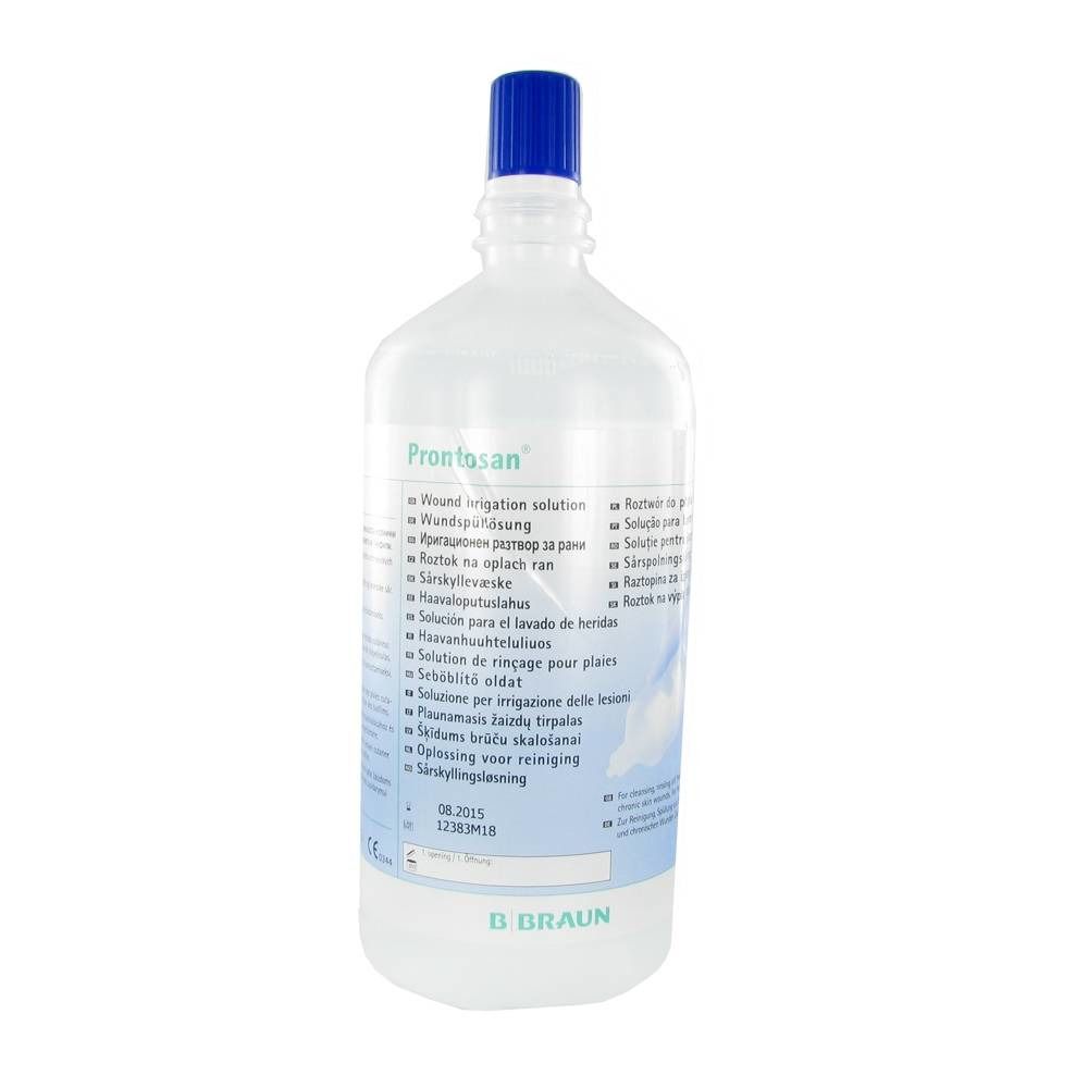 Flacone con tappo blu. Etichetta del prodotto con informazioni. Marchio B. Braun.