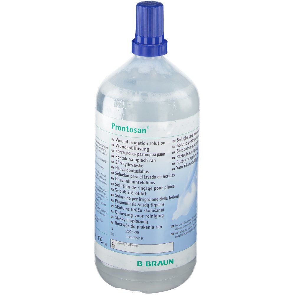 Flacone con tappo blu. Scritta: Prontosan. Etichetta del prodotto con informazioni. Marchio B. Braun.