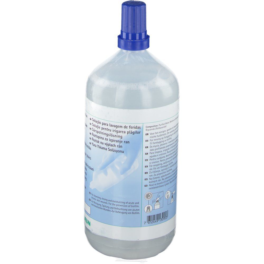 Flacone con tappo blu. Etichetta del prodotto con informazioni. Marchio B. Braun.