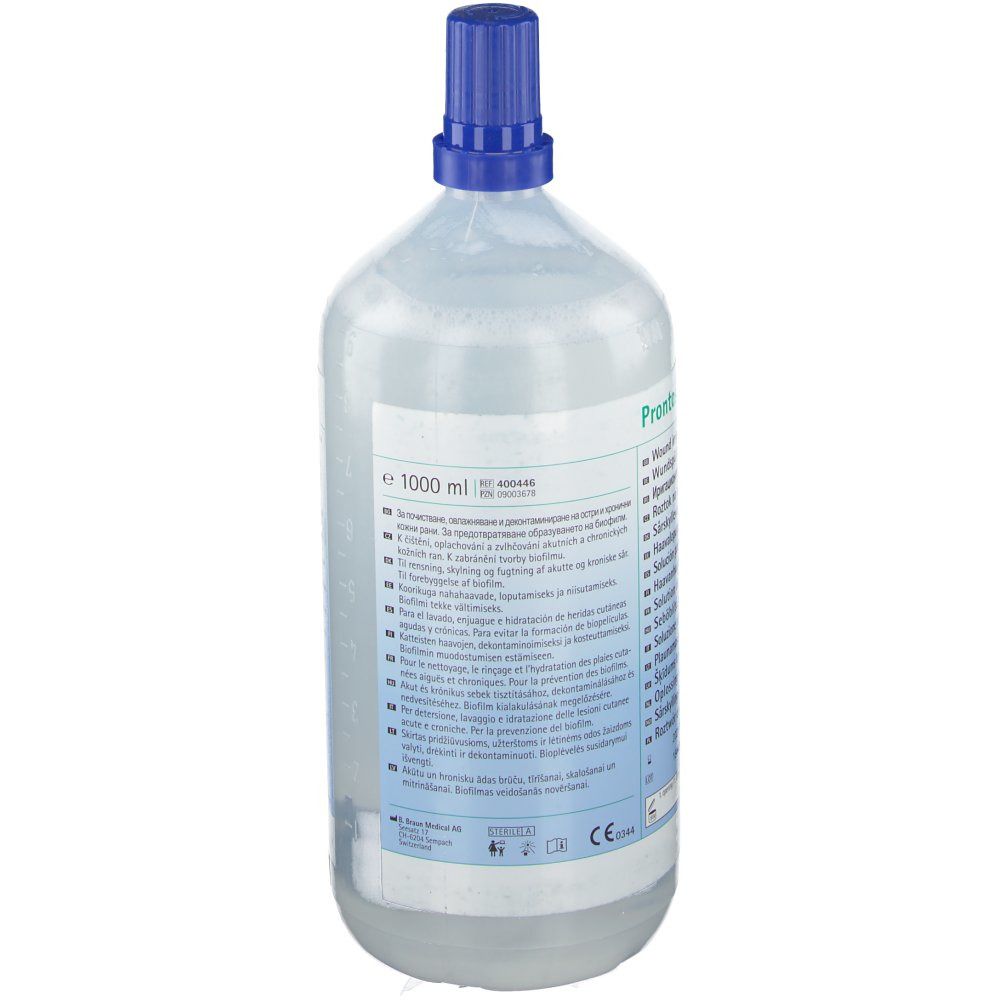 Flacone con tappo blu. Scritta: 1000 ml. Etichetta del prodotto con informazioni. Marchio B. Braun.