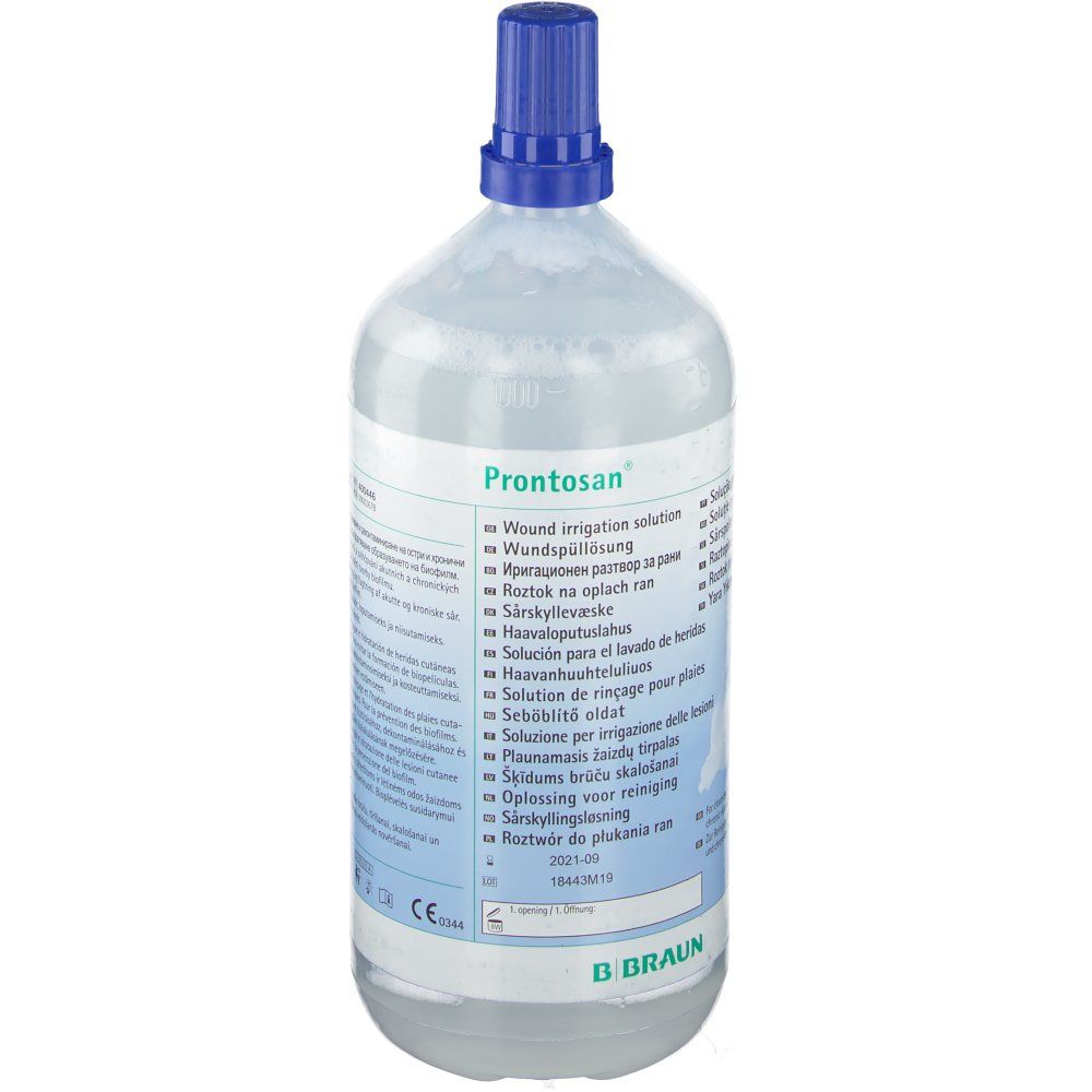Flacone con tappo blu. Scritta: Prontosan. Etichetta del prodotto con informazioni. Marchio B. Braun.