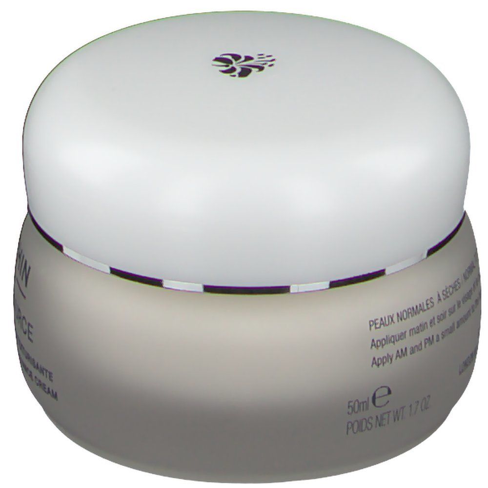 Vaso di crema con coperchio bianco. Testo: "PEAUX NORMALES A SECRES".