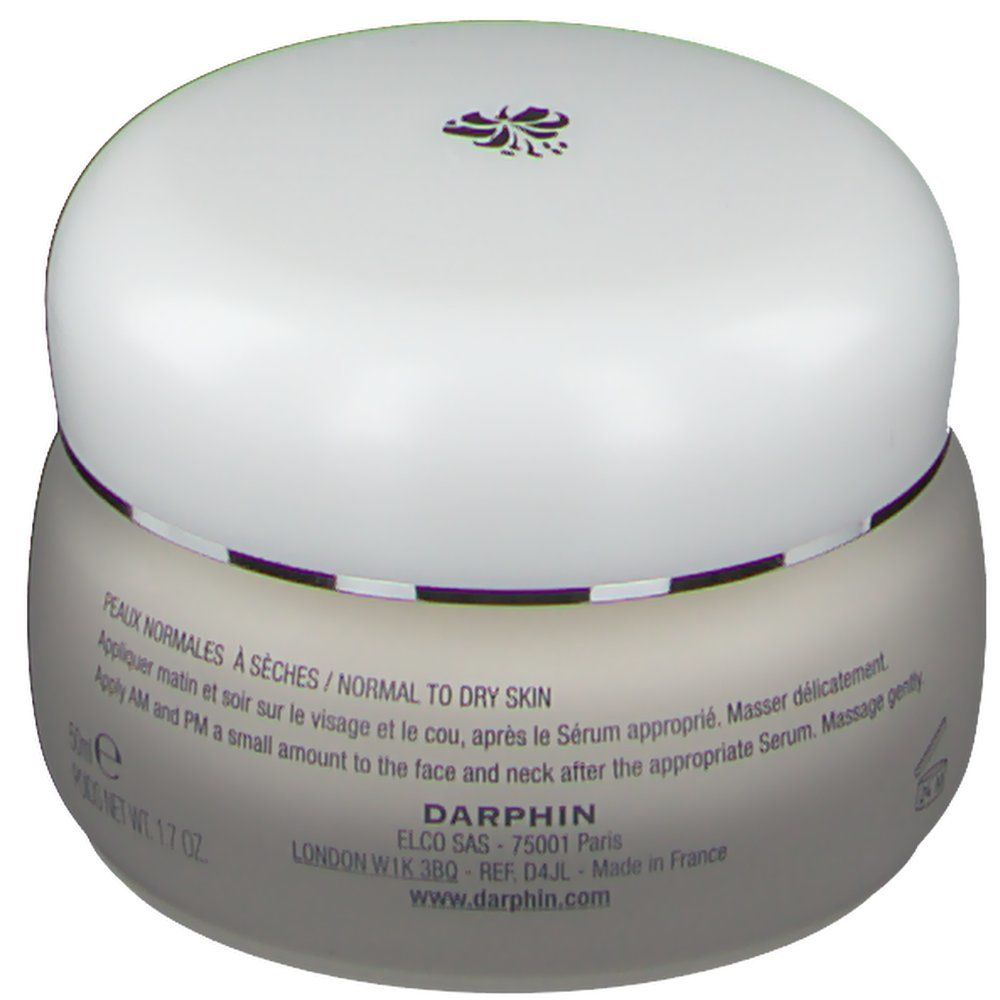 Vaso di crema con coperchio bianco. Testo: "DARPHIN".