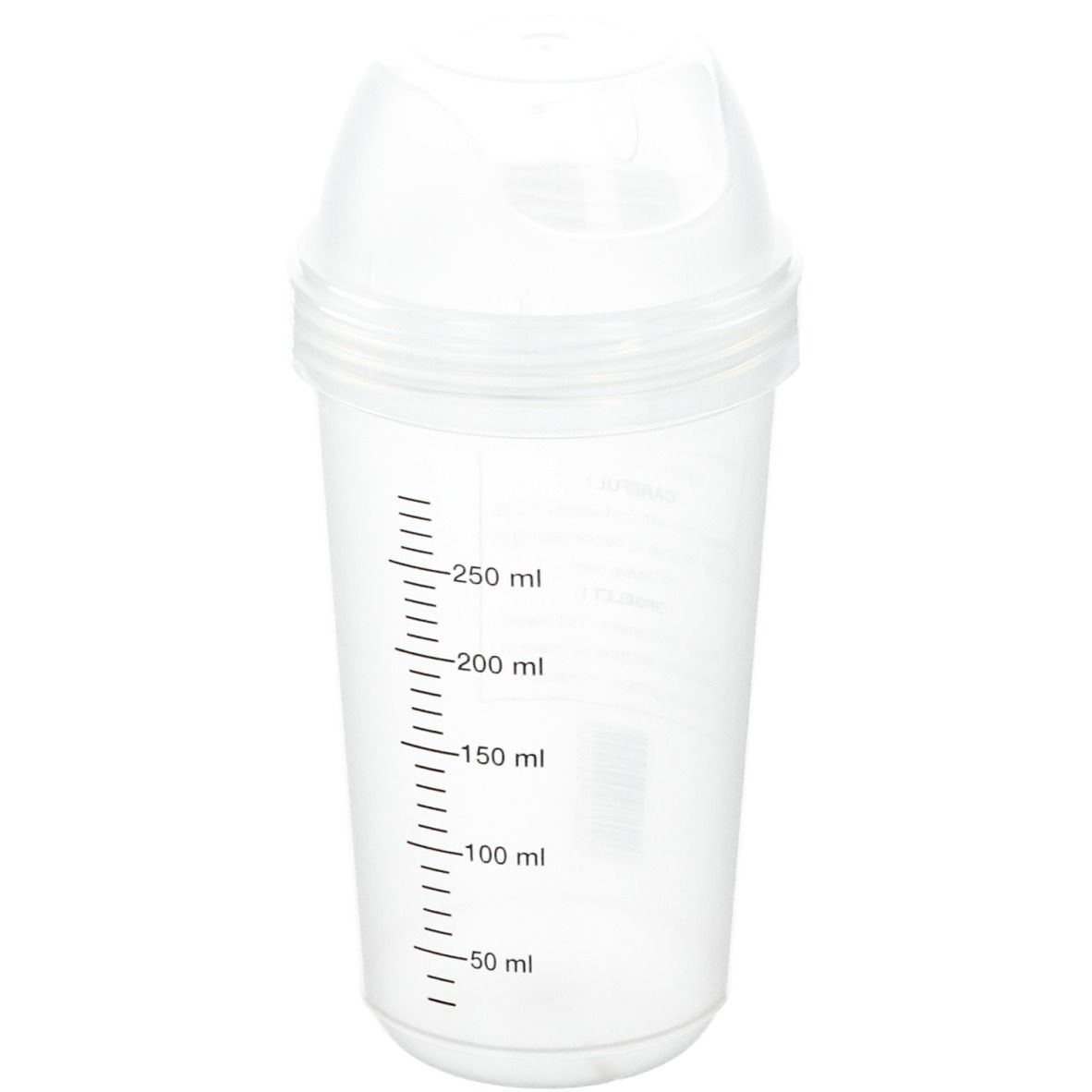 Shaker trasparente con scala graduata. Coperchio con apertura per bere. Segni di volume da 50 a 250 ml.