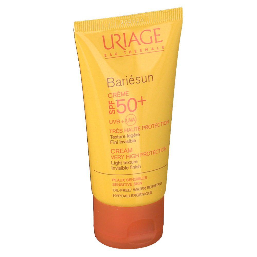 Tubo giallo Uriage BARIÉSUN SPF50+. Informazioni e testo del prodotto.