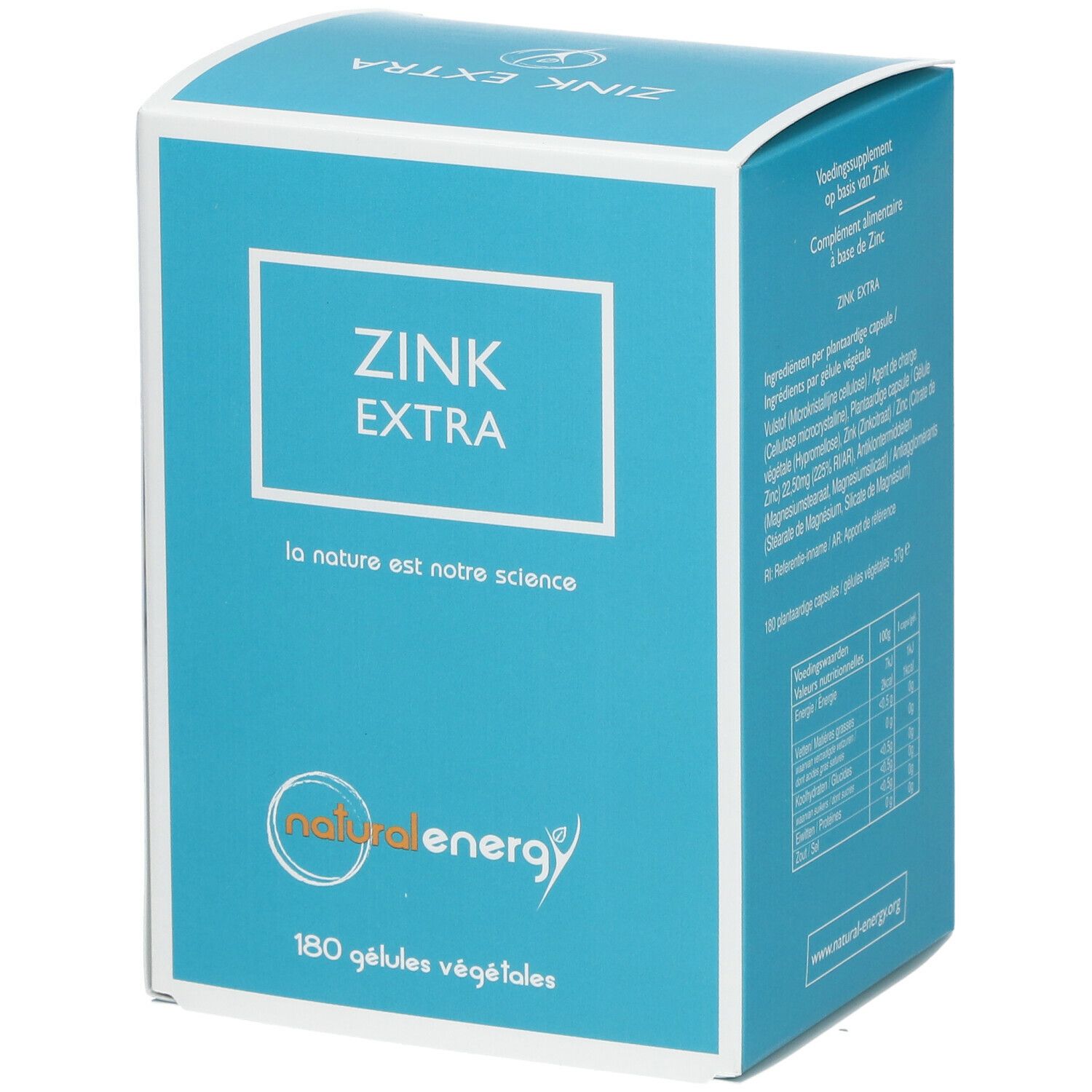 Scatola turchese e bianca con scritta "ZINK EXTRA". Logo "natural energy". 180 gélules végétales.