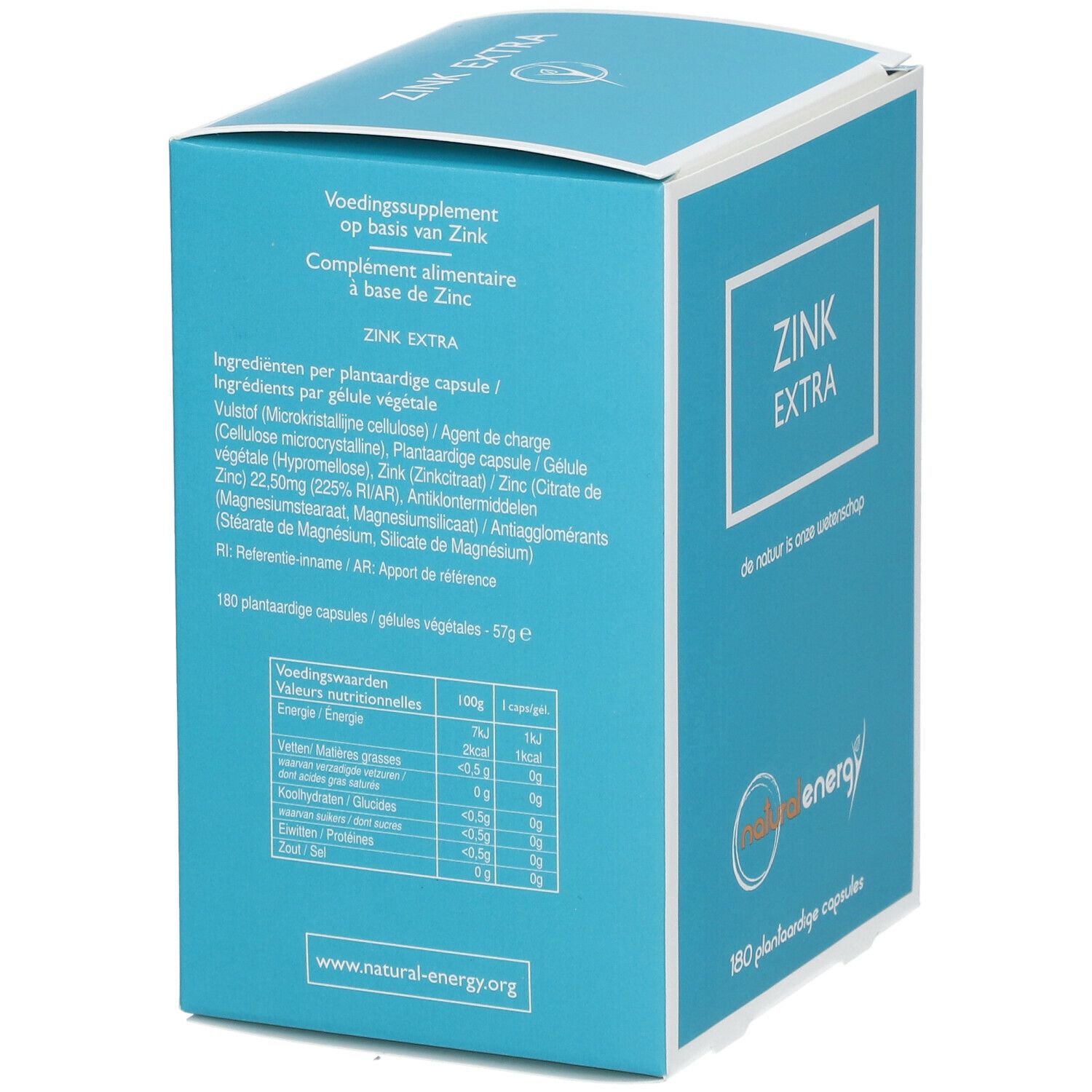 Retro della scatola turchese con testo. Scritta "ZINK EXTRA". Logo "natural energy". 180 plantaardige capsules.