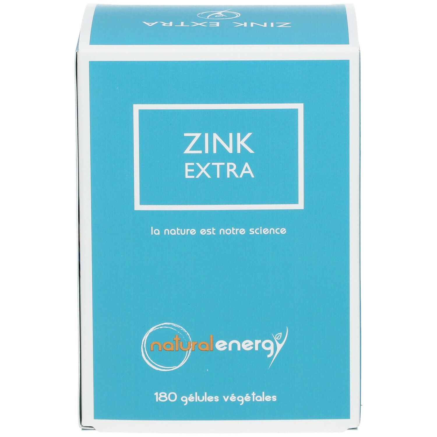 Scatola turchese e bianca con scritta "ZINK EXTRA". Logo "natural energy". 180 gélules végétales.