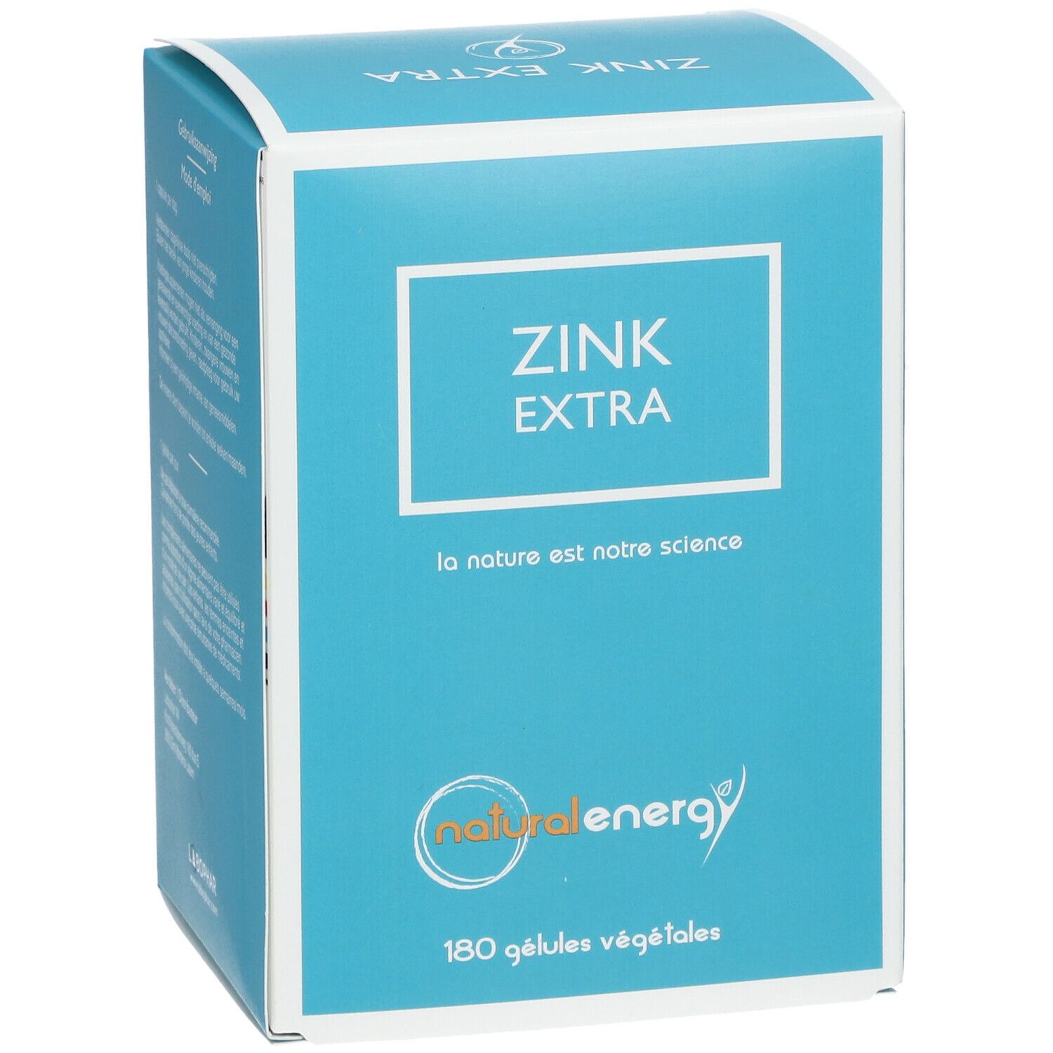 Scatola turchese e bianca con scritta "ZINK EXTRA". Logo "natural energy". 180 gélules végétales.