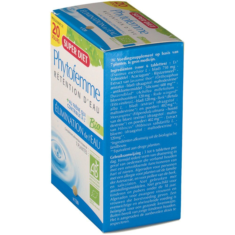 Lato della confezione. Scritta: Phytofemme, Rétention d'eau, certificazione Bio. Ingredienti e istruzioni per l'uso.