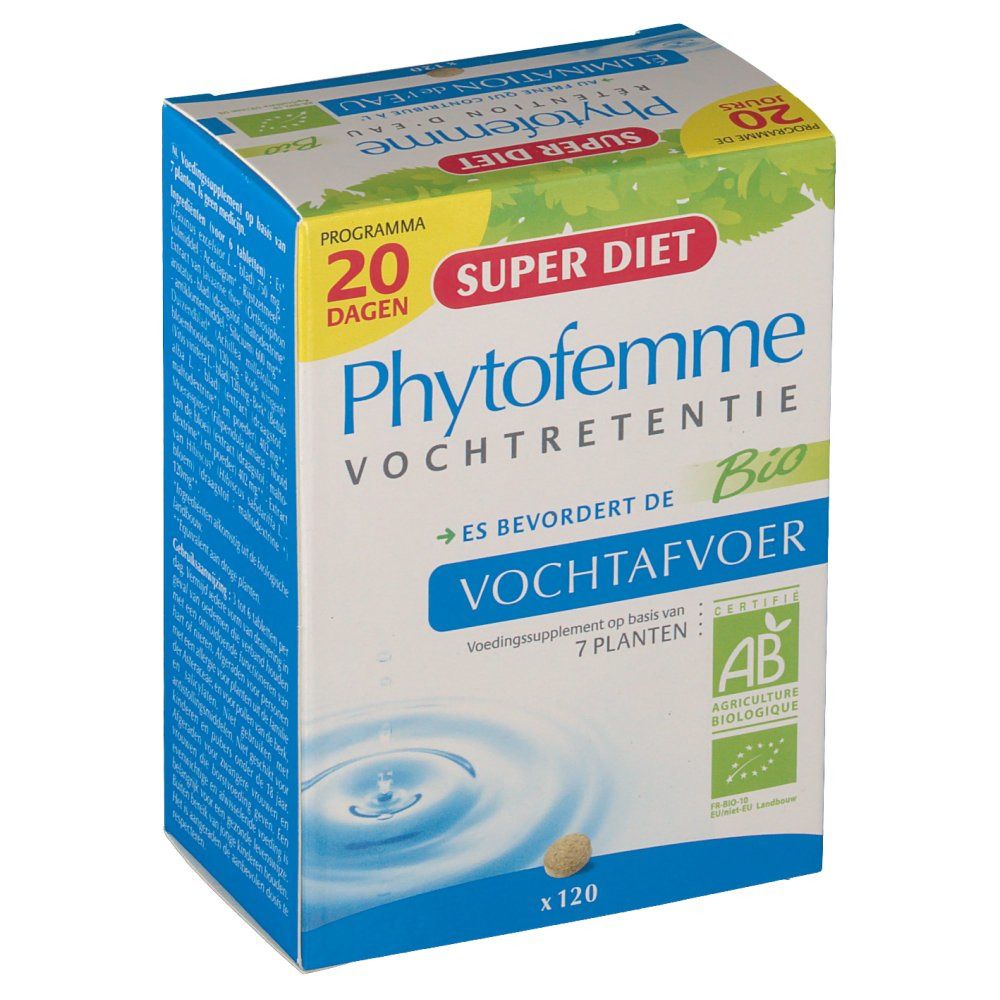 Confezione di integratore. Scritta: Phytofemme, Vochtretentie, certificazione Bio, 120 compresse. Logo Super Diet e AB.