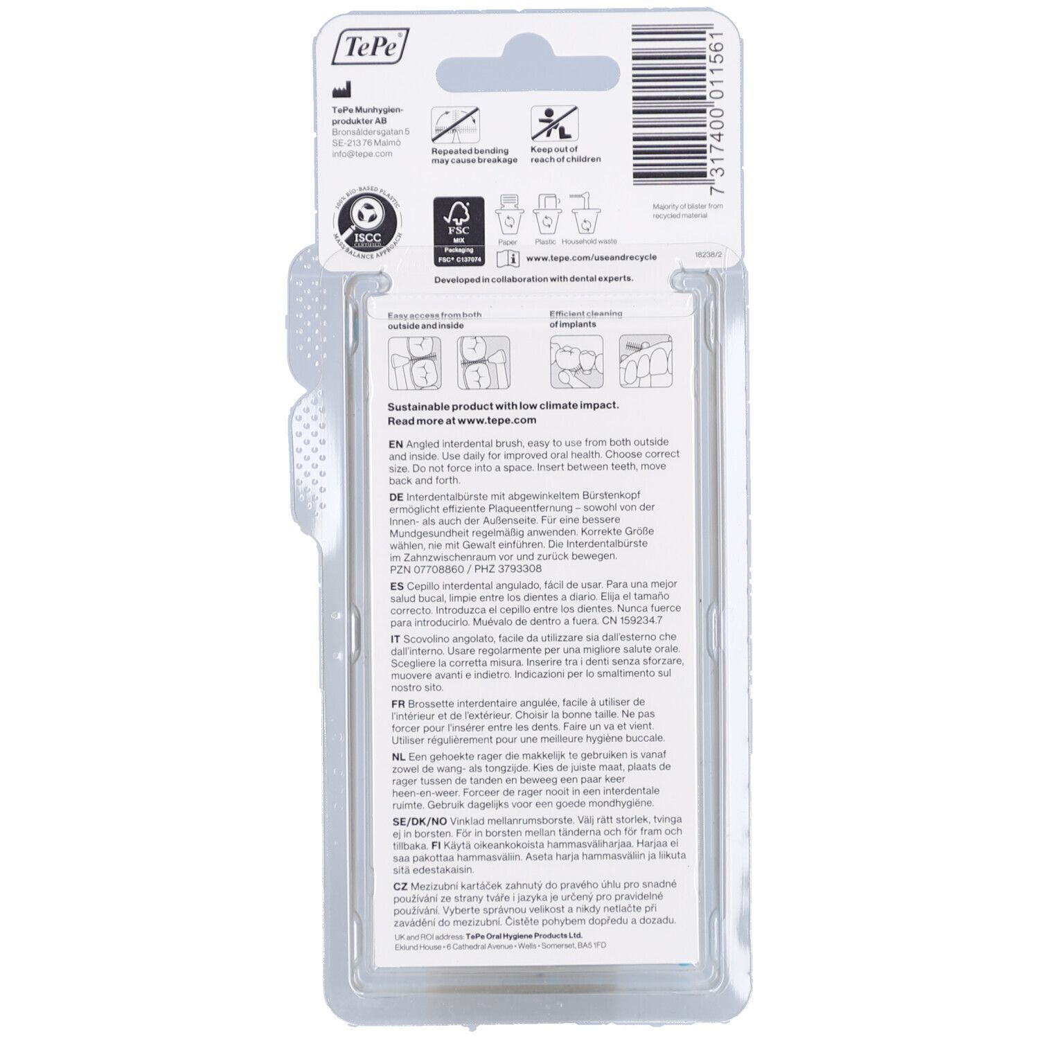 Retro della confezione con informazioni sul prodotto. Testo multilingue. Prodotto sostenibile a basso impatto climatico.