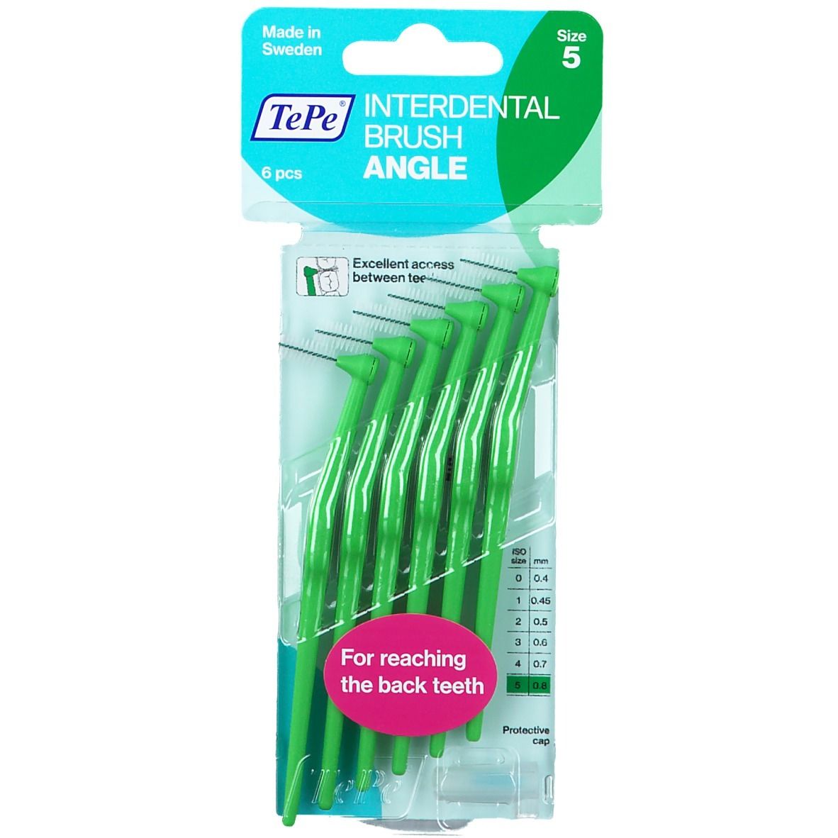 Confezione di scovolini verdi. Sei pezzi, taglia 5. Marchio TePe, "Angle" e testo per i denti posteriori.