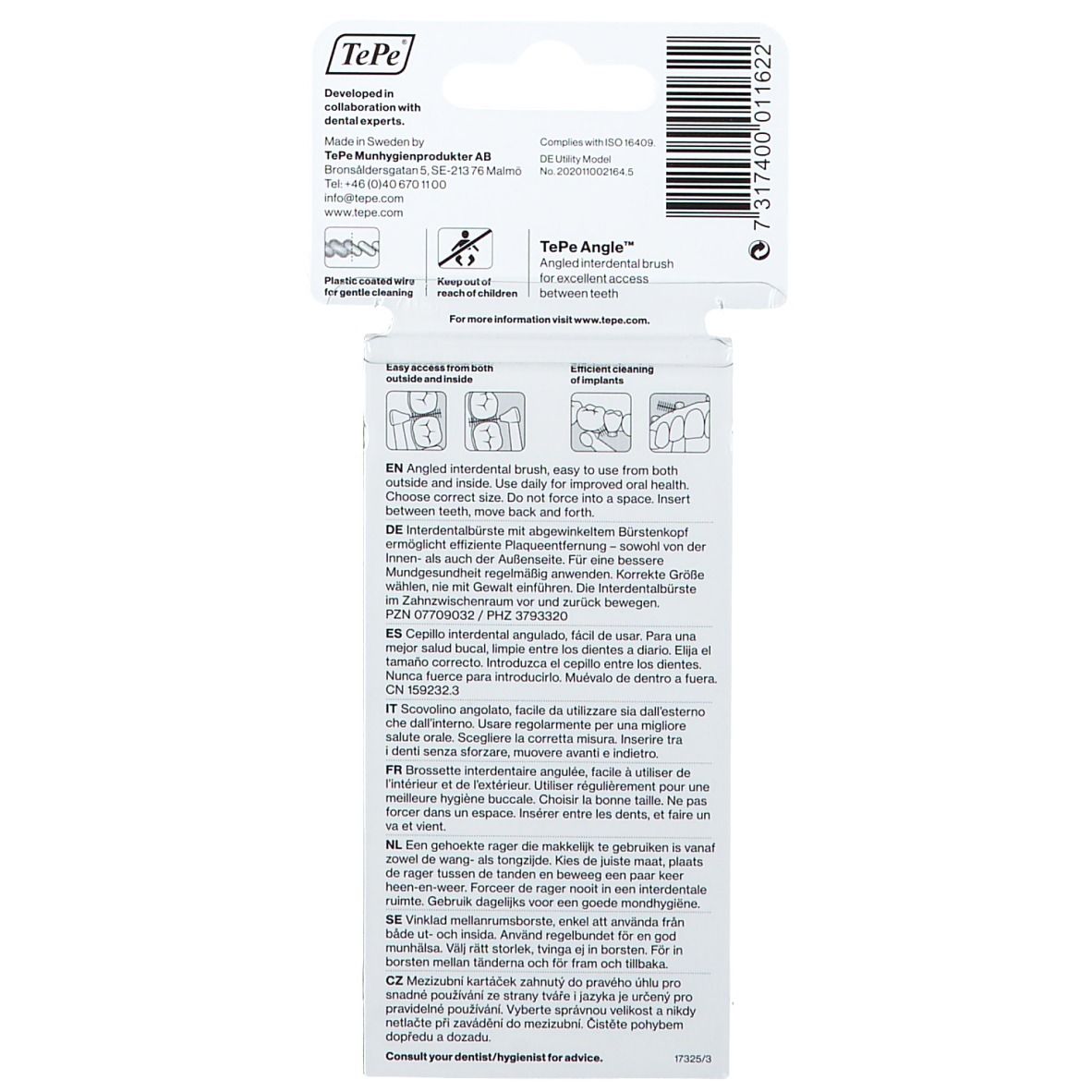 Retro della confezione con informazioni. Testo in più lingue, tra cui tedesco, inglese e francese.