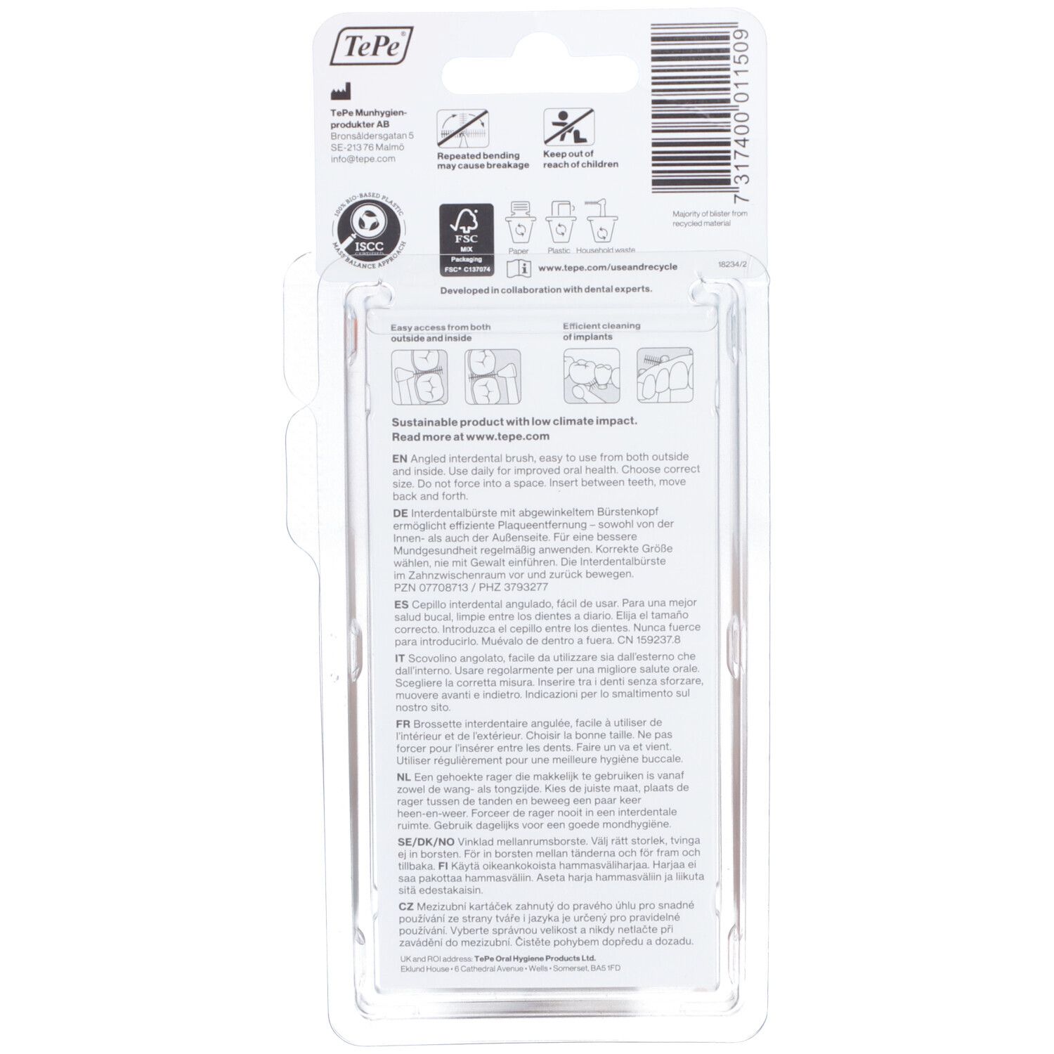 Retro della confezione con informazioni sugli scovolini interdentali. Testo multilingue. Certificazione FSC.