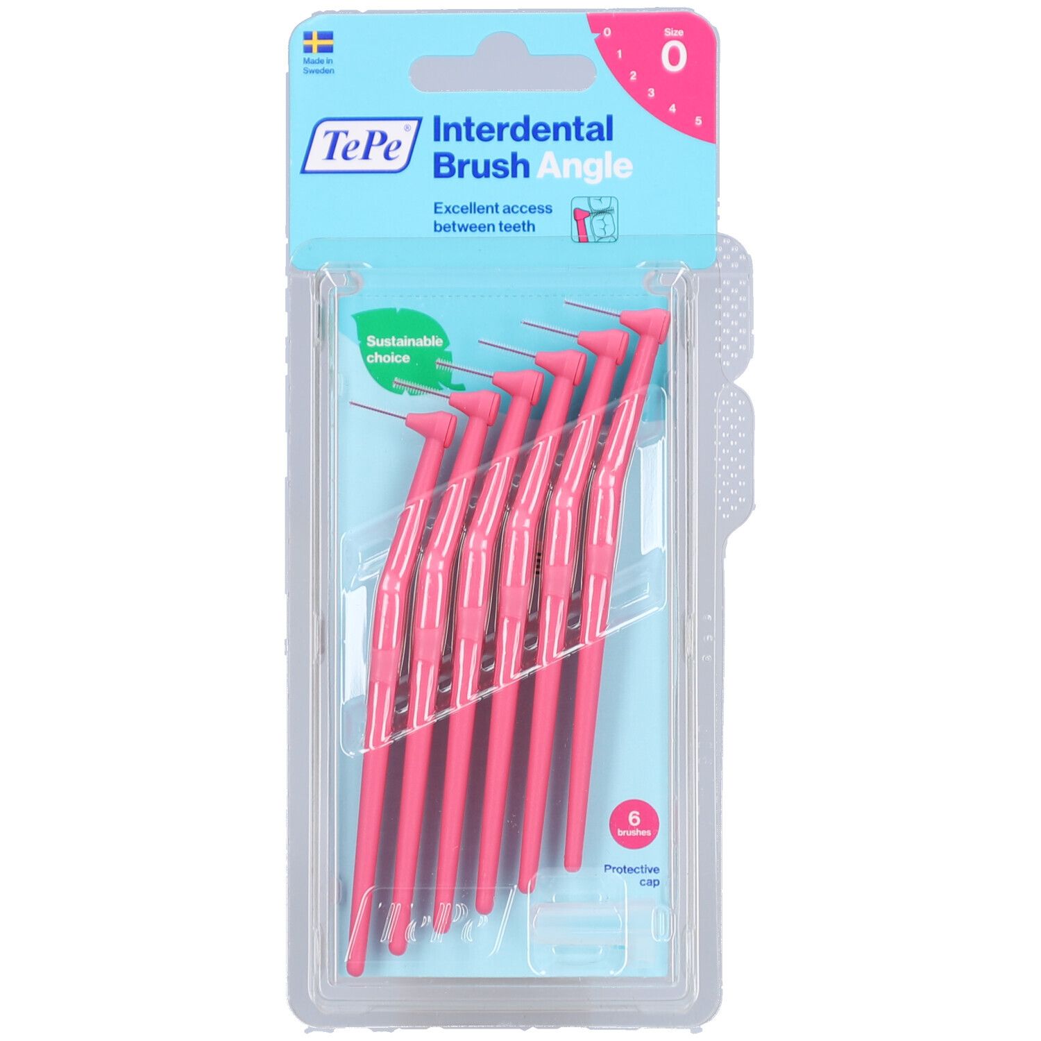 Confezione da 6 scovolini rosa. Marca TePe, misura 0. Design angolato per denti posteriori. Confezione in plastica.