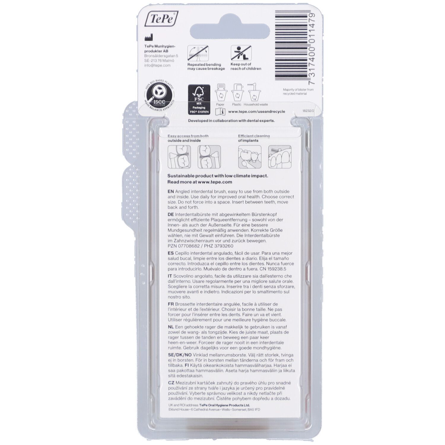 Retro della confezione con informazioni. Marchio TePe. Testo multilingue. Istruzioni e contatti.