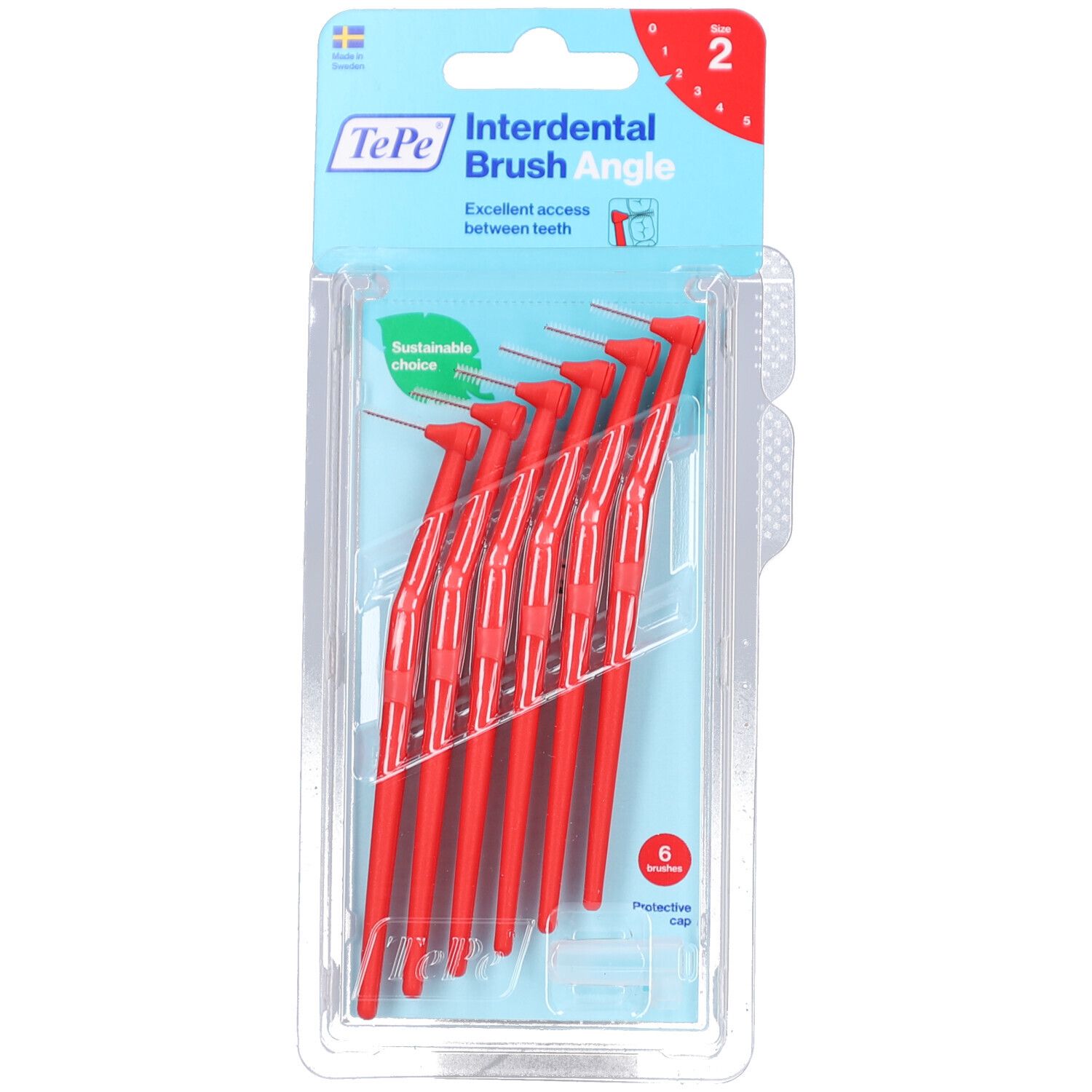 Confezione da sei scovolini rossi. Misura 2, 0,50 mm. Marchio TePe Angle. Scelta sostenibile.