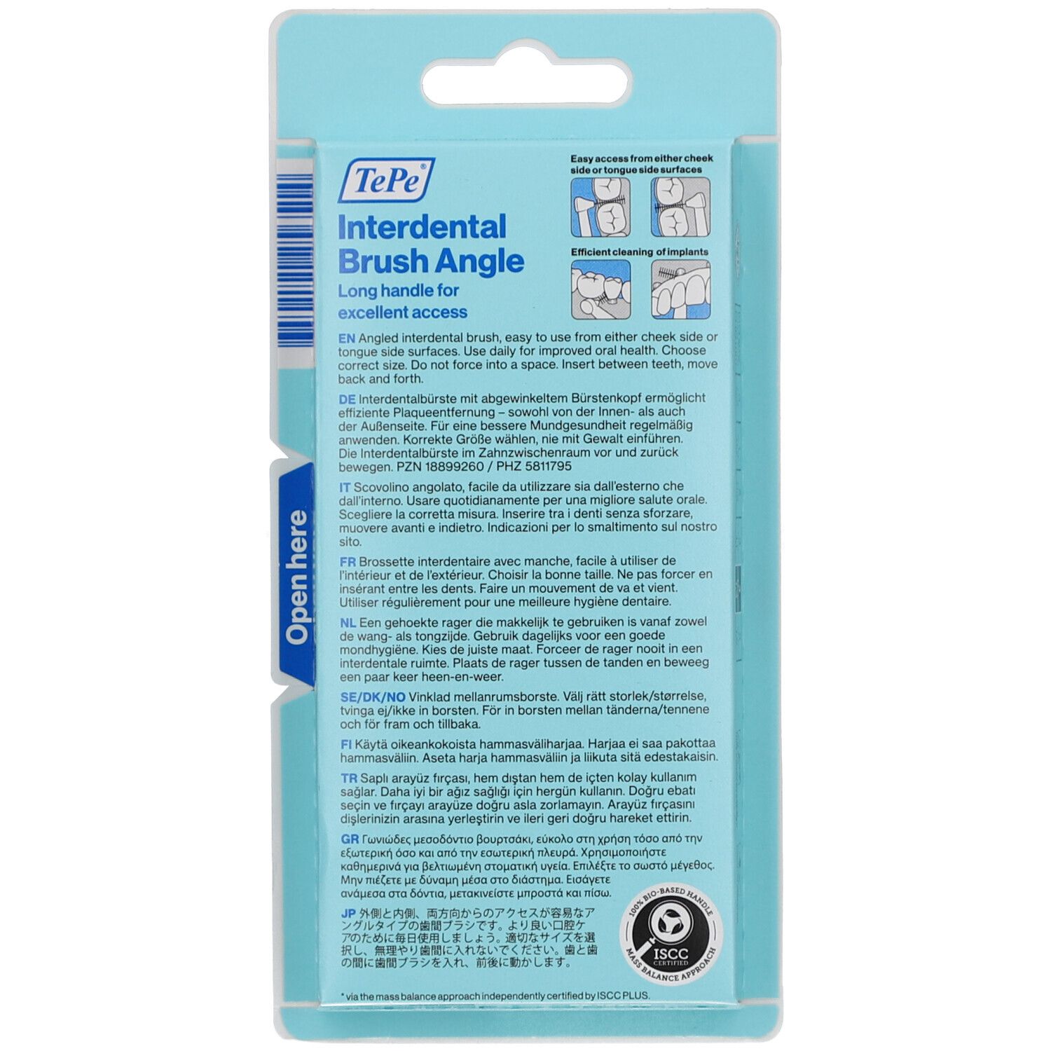 Retro della confezione con informazioni sul prodotto. Testo multilingue. Marchio TePe. Certificazione FSC.