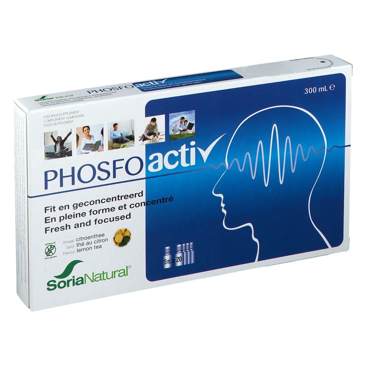 Scatola "PHOSFOactiv". Colori blu e bianco. Contiene fiale. Marchio: Soria Natural.